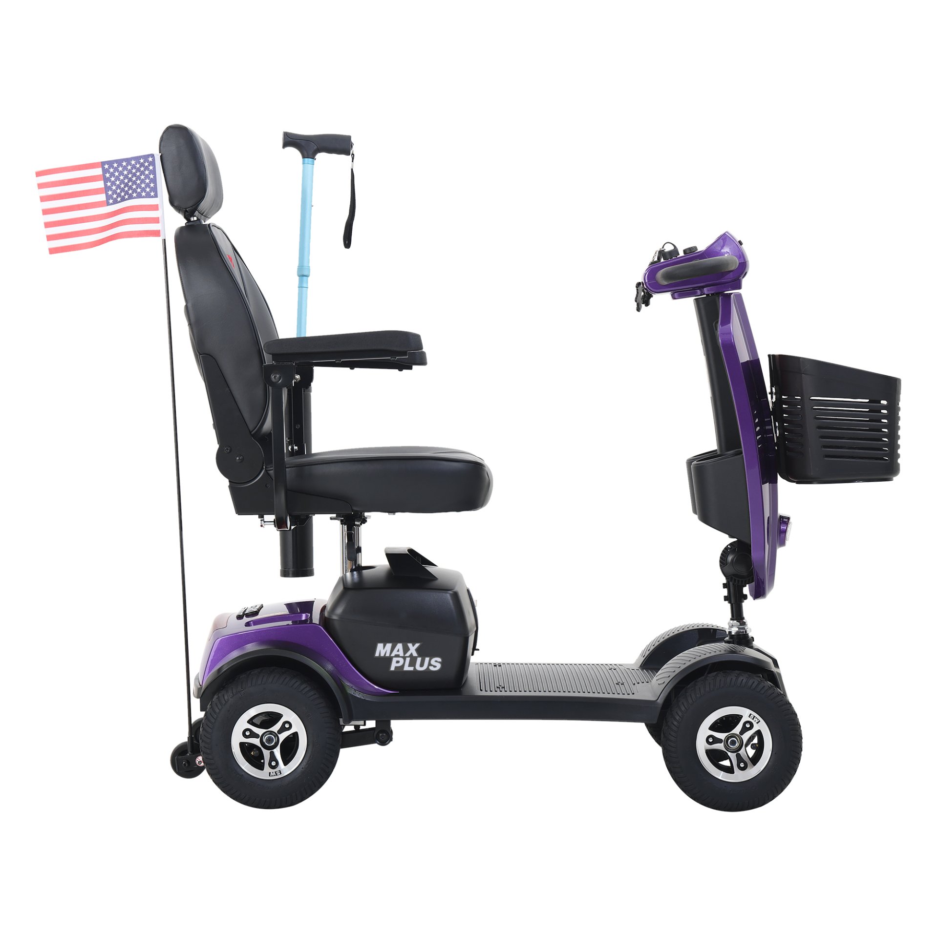 Max Plus - 4 Wheels Outdoor Compact Mobility Scooter With 2 Pieces X 20Ah Lead Acid Battery, 16 Miles, Cup Holders & USB Charger Port - Dark Purple - Image 3