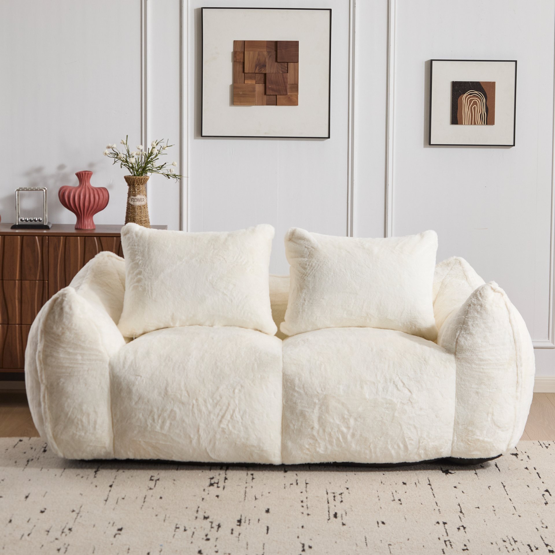 Giant Bean Bag Couch, Ultra Soft Fluffy Loveseat For Living Room Reading Chair With Pillows - White - Image 4