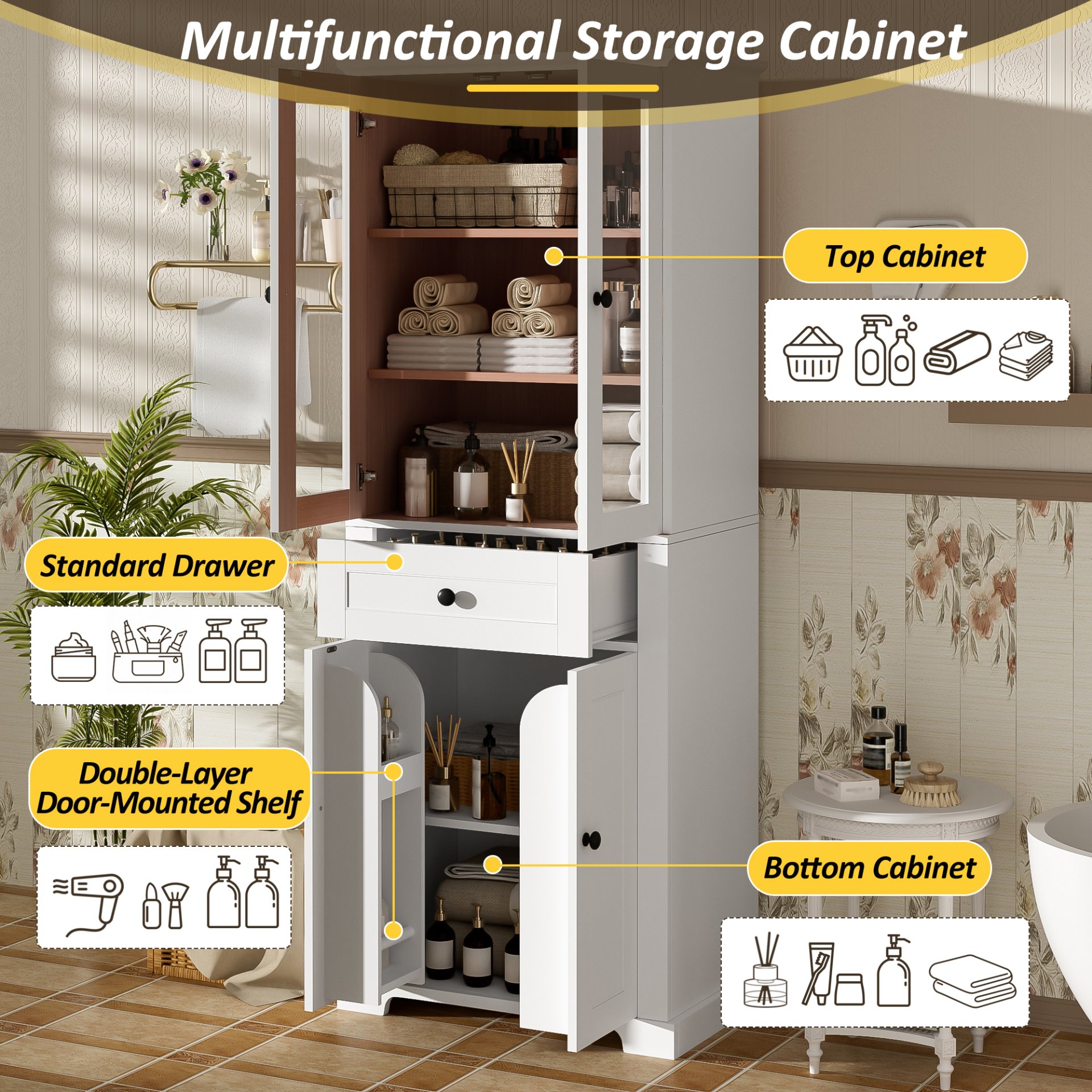 Bathroom Storage Cabinet, Adjustable Shelves & Drawer, Freestanding Linen Tower - White - Image 7