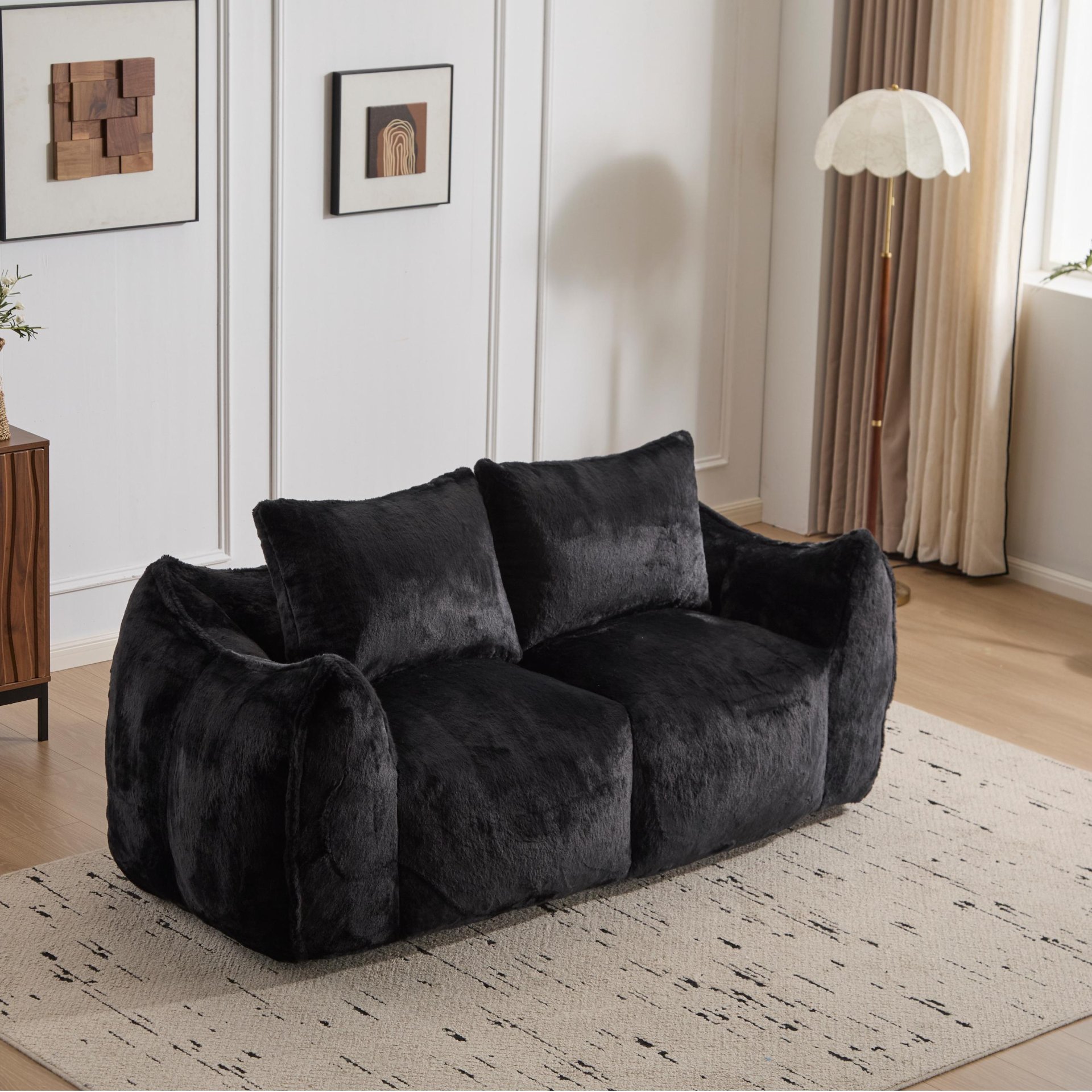 Giant Bean Bag Couch, Ultra Soft Fluffy Loveseat For Living Room Reading Chair With Pillows - Black - Image 9