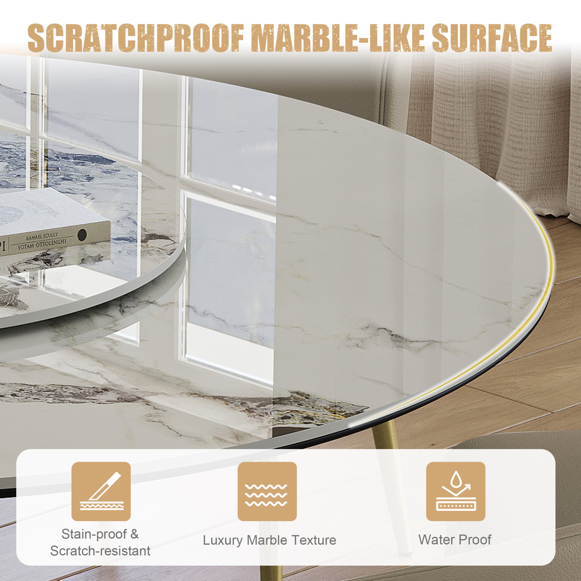 Luxury Round 59" Sintered Stone Dining Table With Stainless Steel Hourglass Base, Scratch & Heat Resistant Surface - Golden / White - Image 7