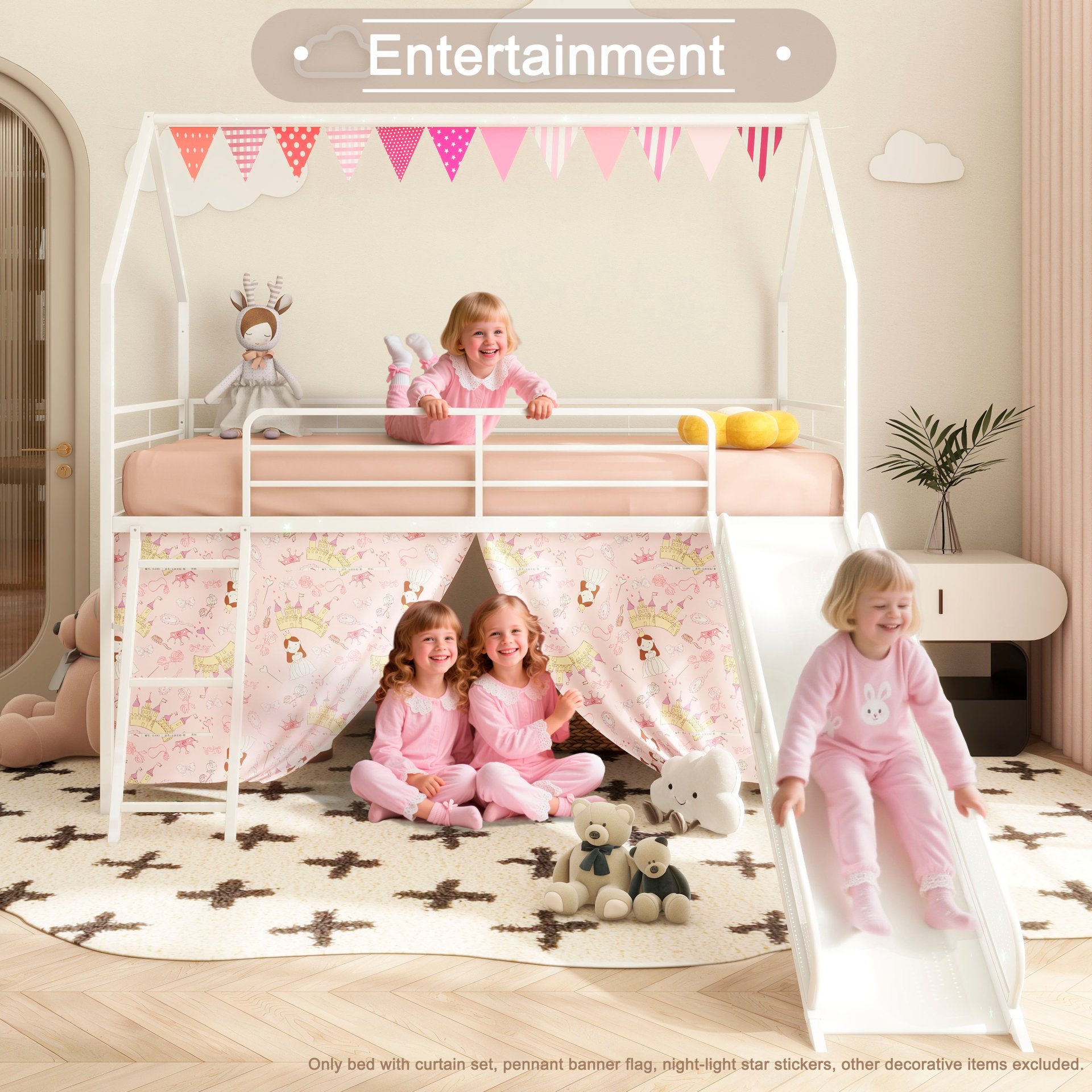 Jack - House Twin Loft Bed With Slide And Curtain Set - White / Pink - Image 14