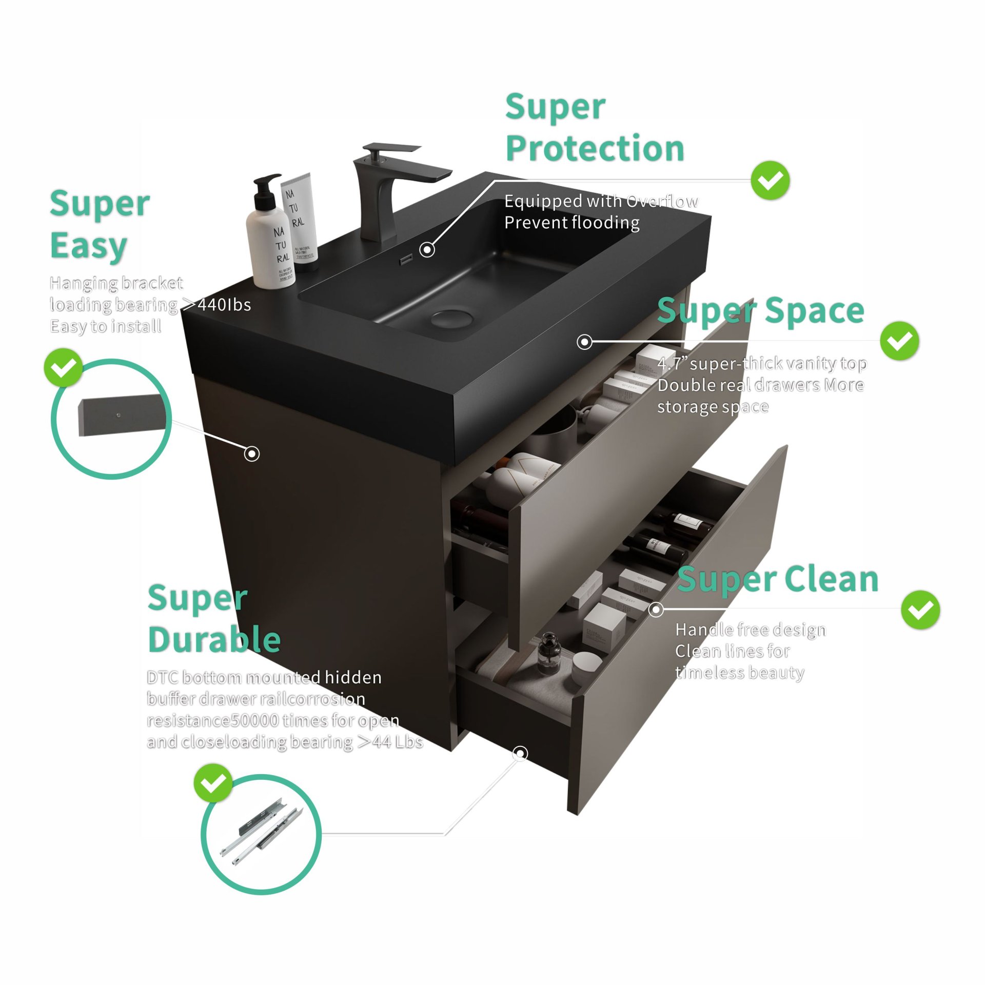 Alice - 30" Bathroom Vanity With Sink, Large Storage Wall Mounted Floating Bathroom Vanity For Modern Bathroom, One-Piece Black Sink Basin Without Drain And Faucet - Black / Gray - Image 6