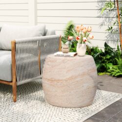 Outdoor / Indoor Lightweight Concrete Side Table, Oval Travertine Finish Accent Table - Beige