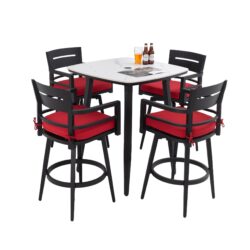 5 Pieces Outdoor Patio Bar Set, Rounded Square Table & 4 Swivel Bar Chairs - Ember Black Frame / Greek White Marble-Inspired Sintered Stone