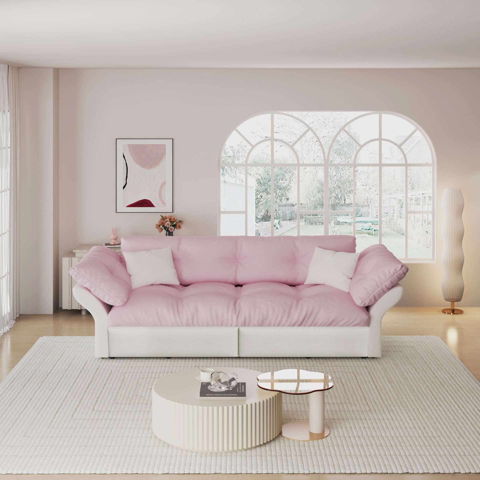 Queen Pull Out Sofa Bed, 3 In 1 Convertible Sleeper Tufted Sofa & 2 Soft Pillows - Pink - Image 6