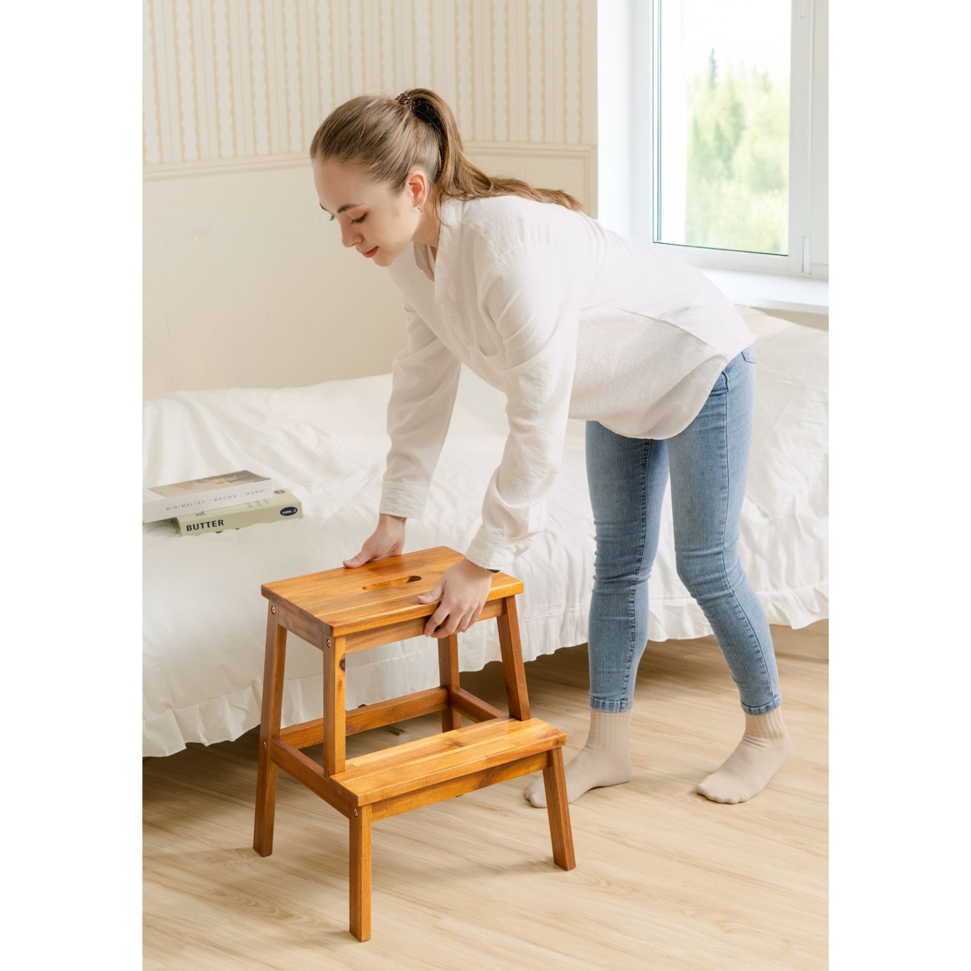 2 Step Stool, Indoor / Outdoor Use - Acacia Wood - Image 2