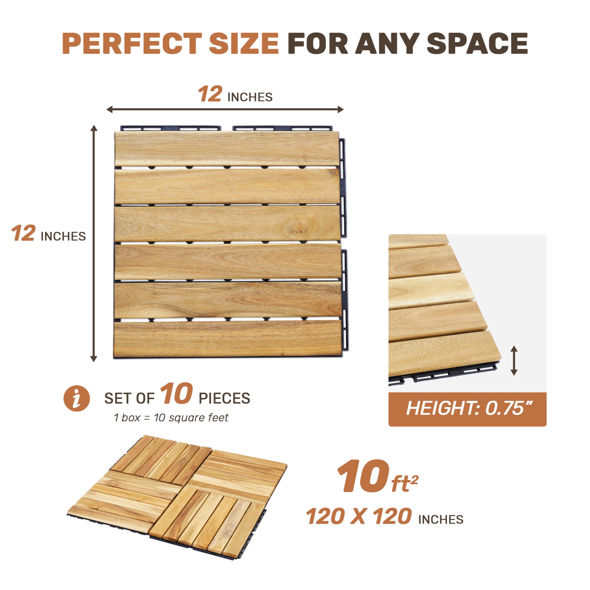 10 Piece Interlocking Deck Tiles Striped Pattern, Square Acacia Hardwood Outdoor Flooring For Patio, Bancony, Pool Side - Yellow - Image 26