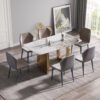 63" Artificial Stone Pandora White Curved Golden Metal Leg Dining Table, 6 People - Antique White / Gold - Image 2