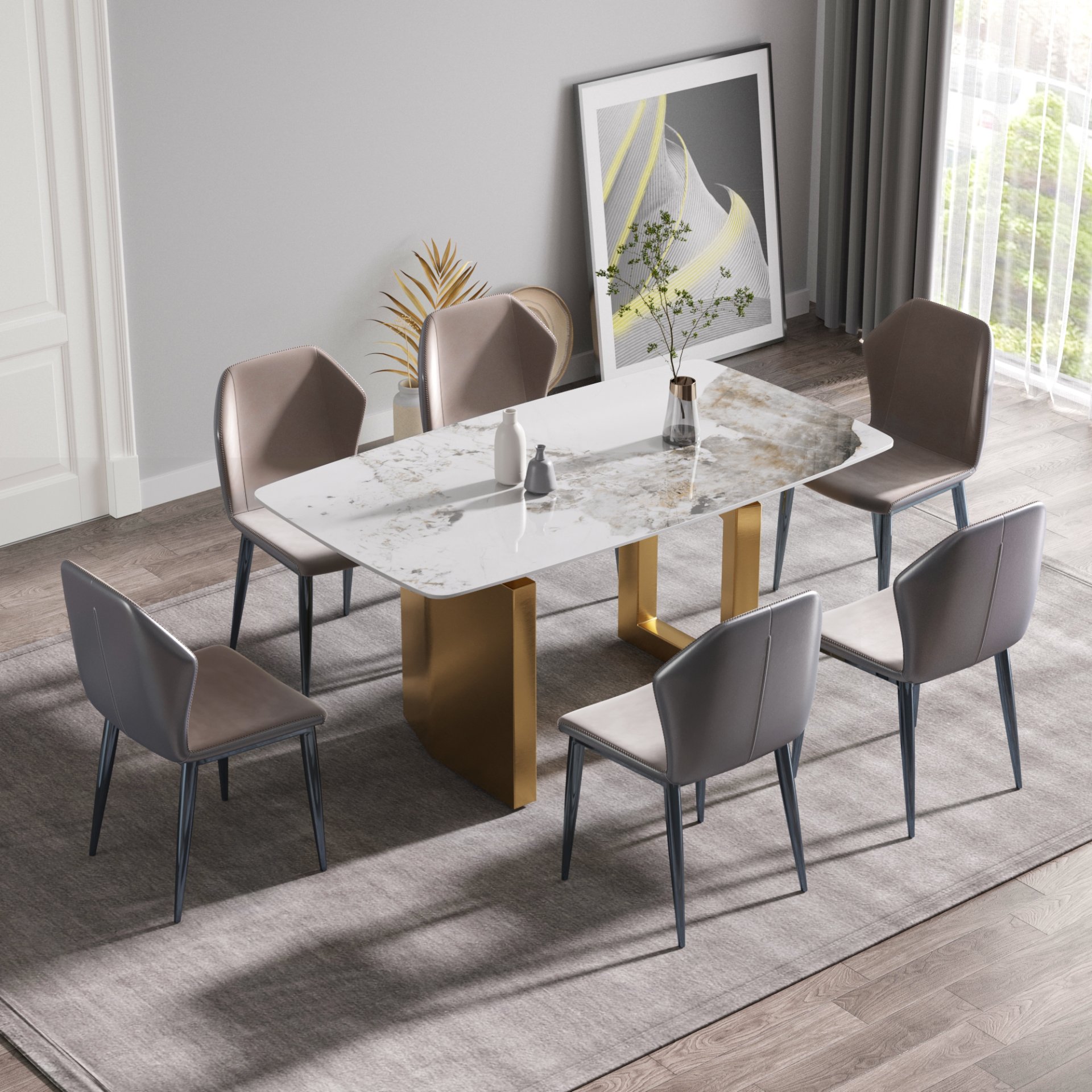 63" Artificial Stone Pandora White Curved Golden Metal Leg Dining Table, 6 People - Antique White / Gold - Image 2