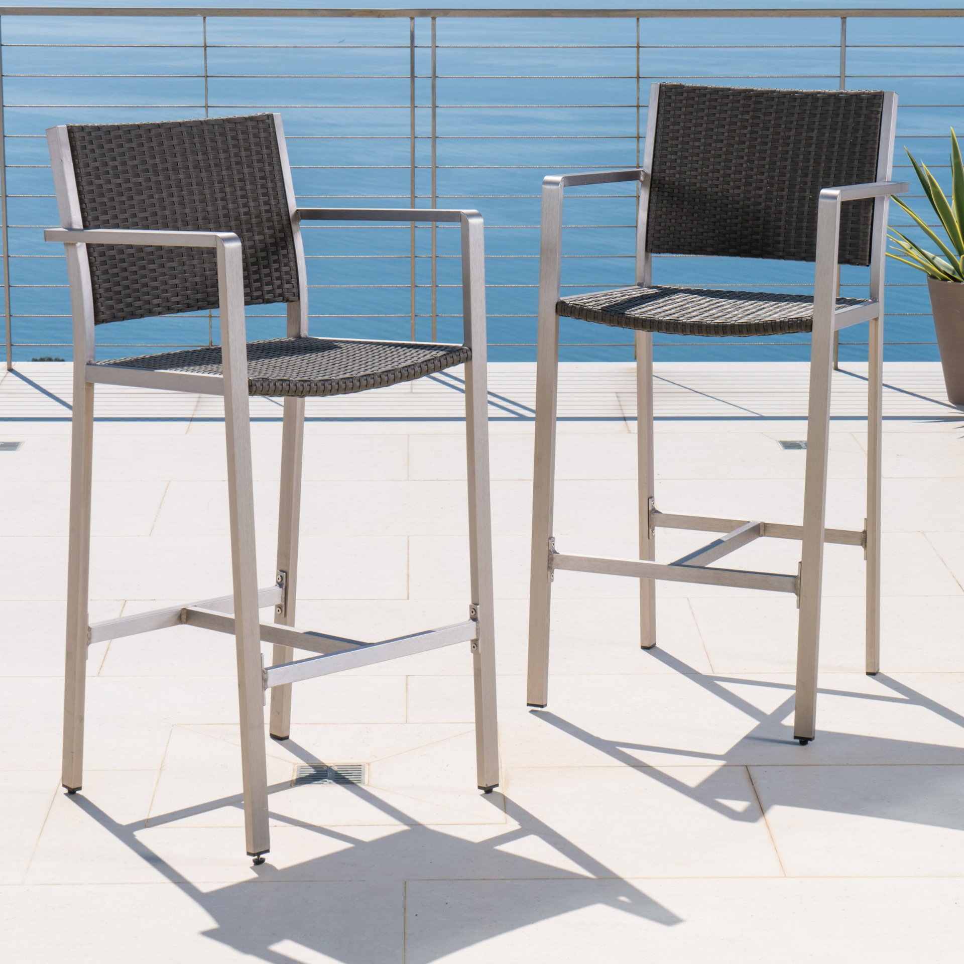Outdoor Rust Proof Aluminum Barstools With Rattan Seat And Backrest - Silver / Gray - Image 2
