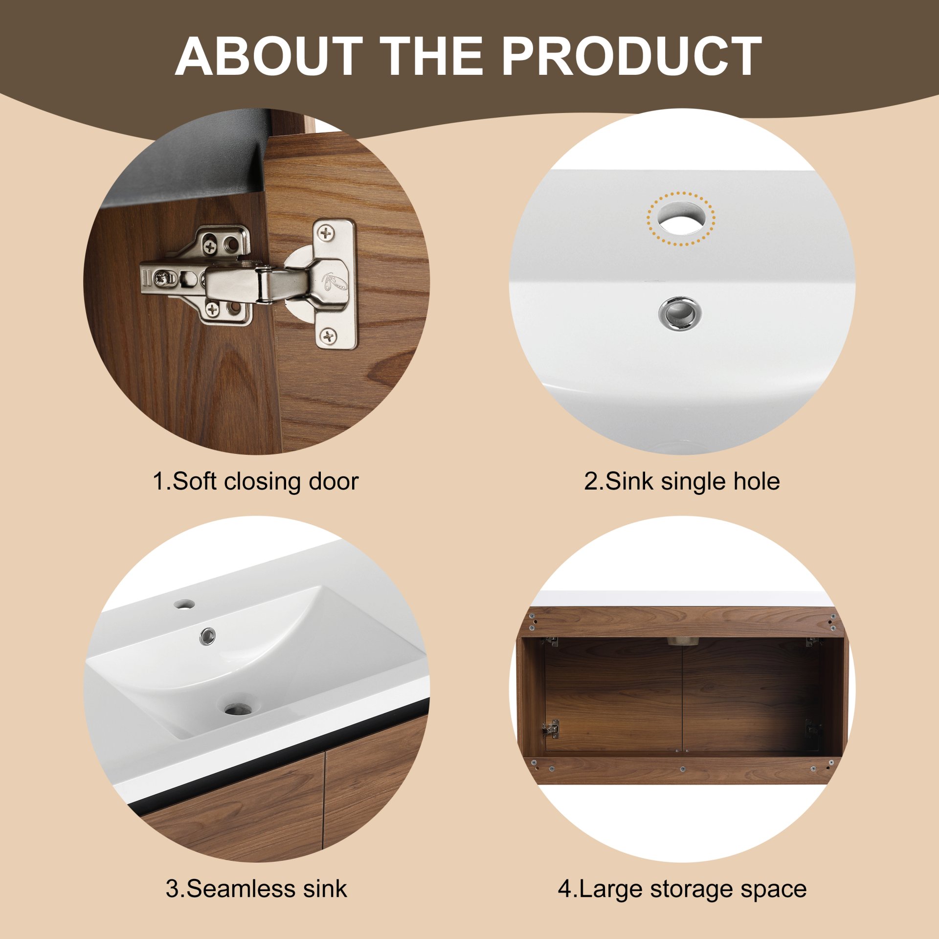 36" Bathroom Vanity Set With Resin Countertop Sink And 2 Doors - Brown - Image 9