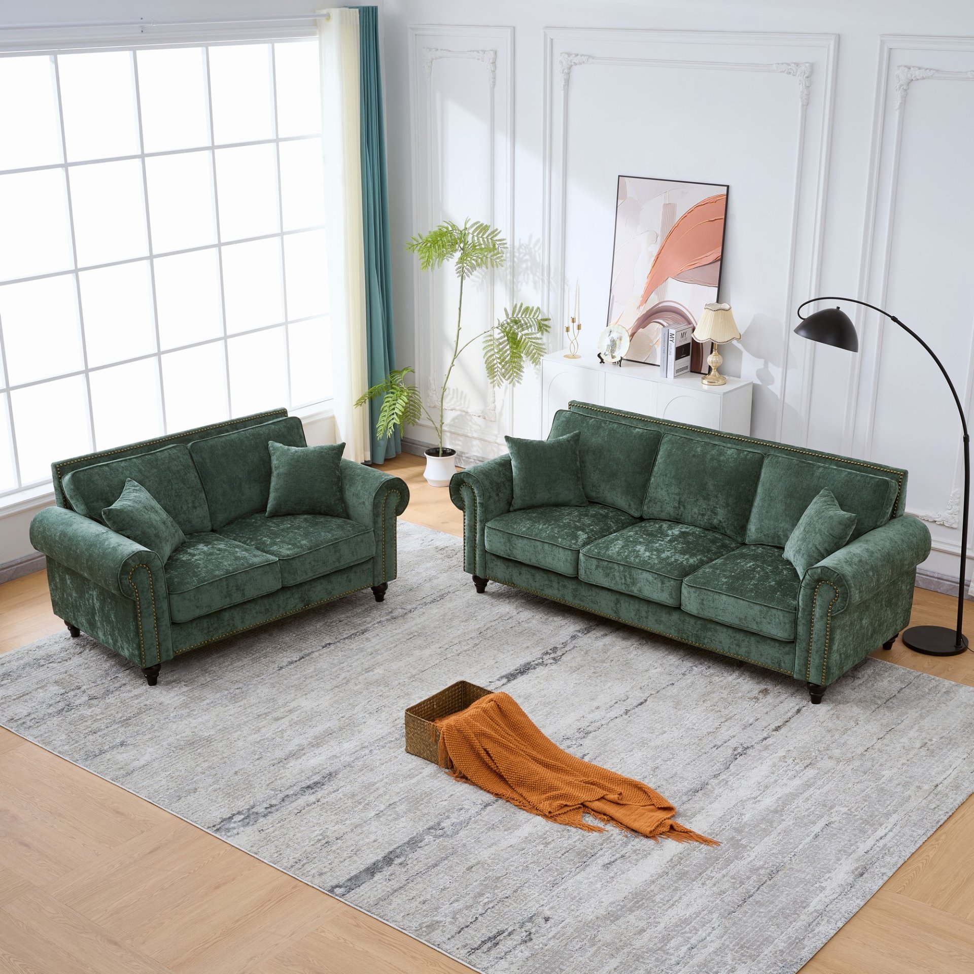 3 And 2 Seater Sofa With Rolled Arms - Green - Image 5