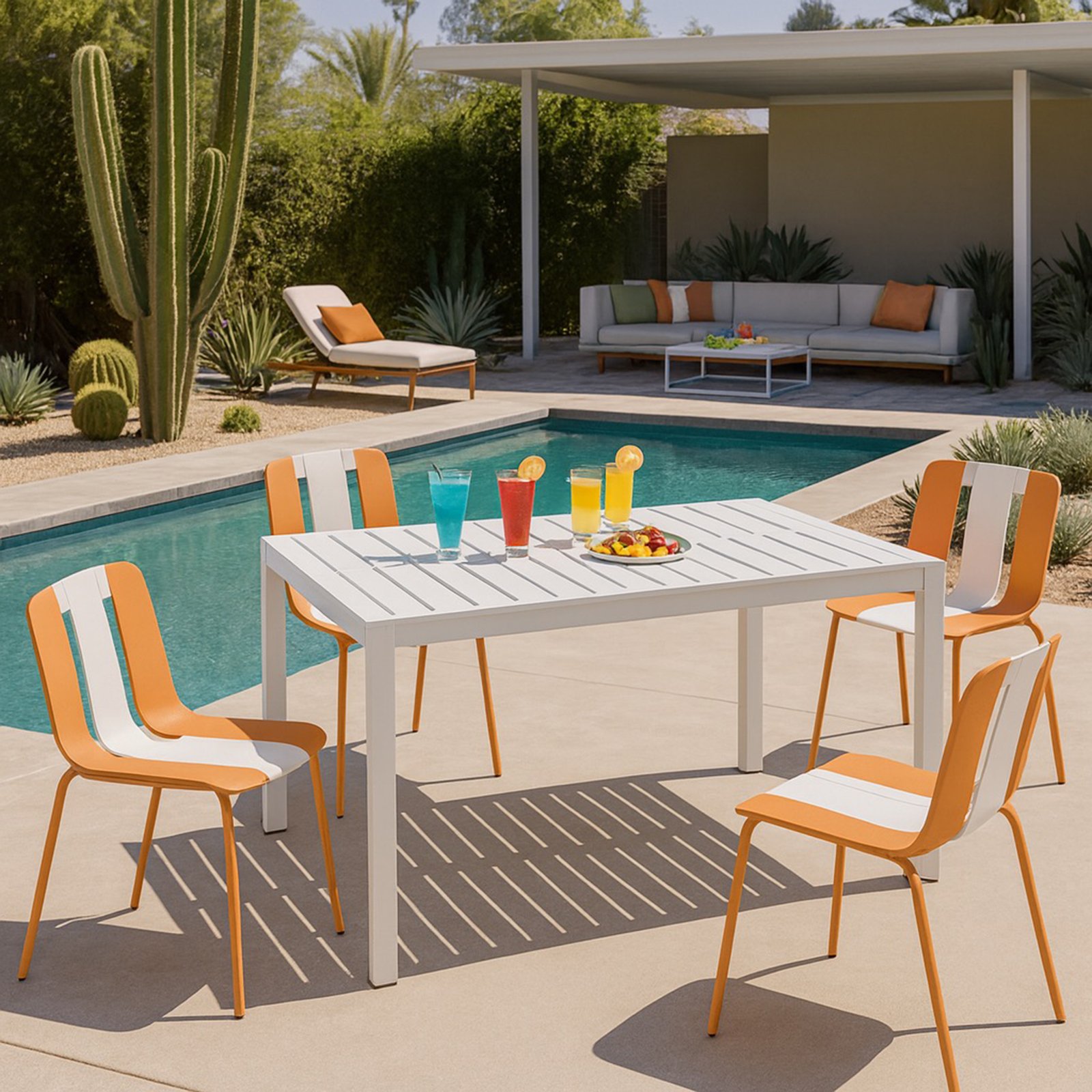 4 Piece Set Of Striped Color Blocking Single Chairs With Long Table - Beige / Tropical Orange / White - Image 14