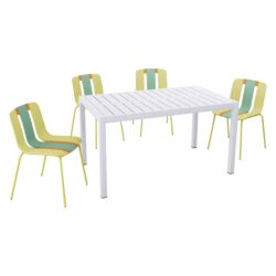 4 Piece Set Of Striped Color Blocking Single Chairs With Long Table - Grain Yellow / Haze Green / Tropical Orange / White