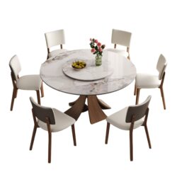 Dining Table Set With Round Turntable, Seats 6 - 8 - White