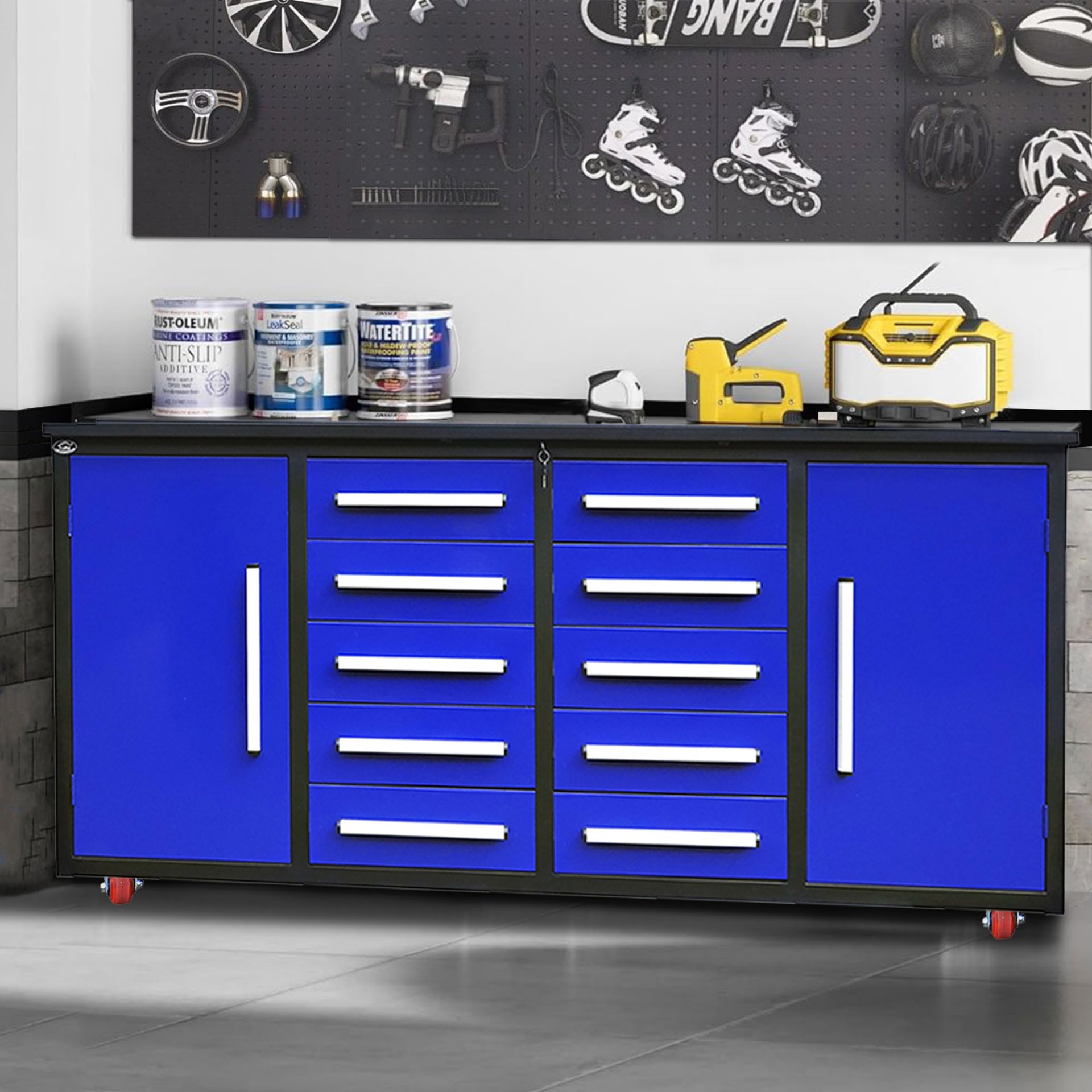 Storage Cabinets With Workbench (10 Drawers & 2 Cabinets) - Blue - Image 2