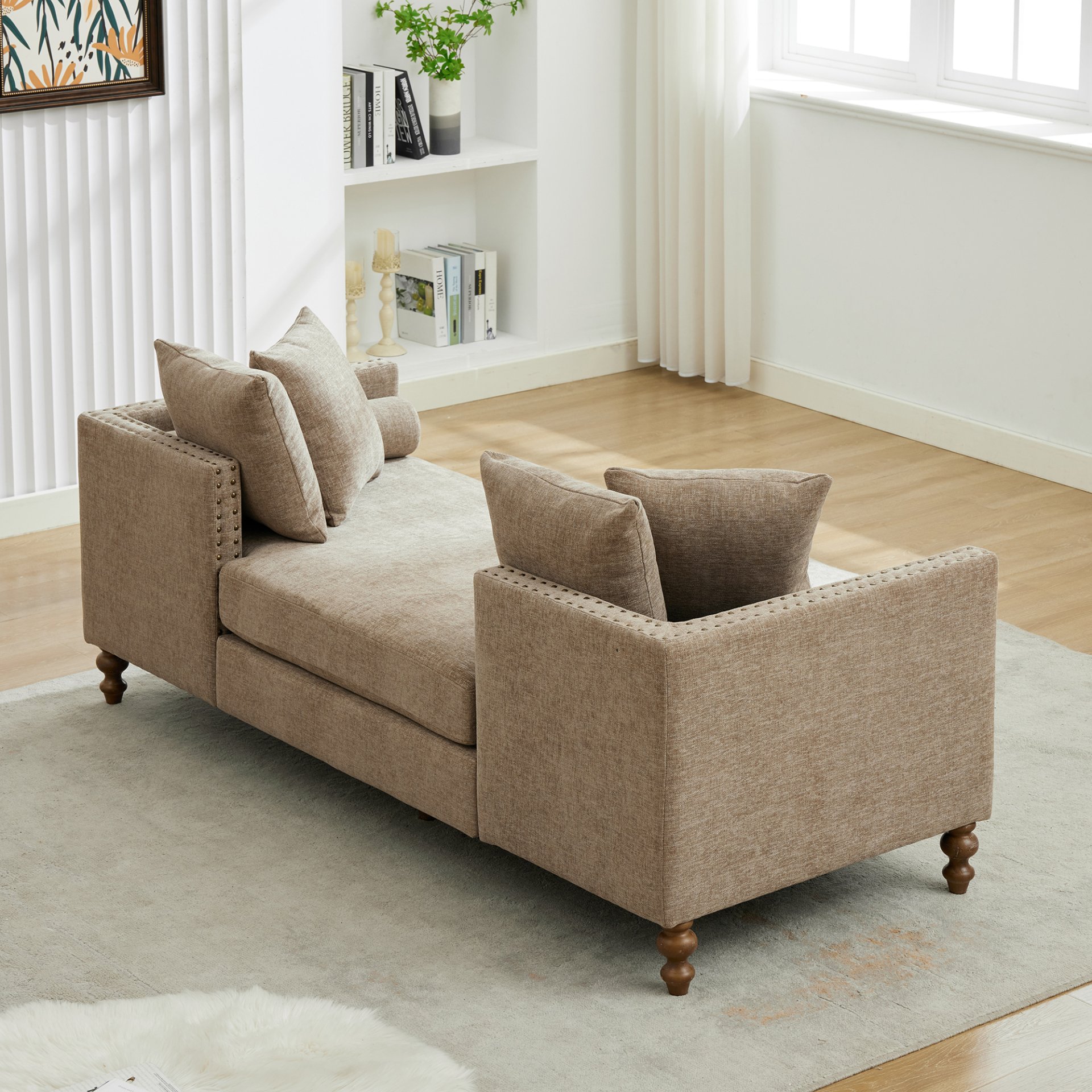 Upholstered Chaise Lounge Indoor With Nailheads, Sleeper Sofa Couch With 4 Throw Pillows & 2 Bolsters, Daybed With Rubberwood Legs - Taupe - Image 10