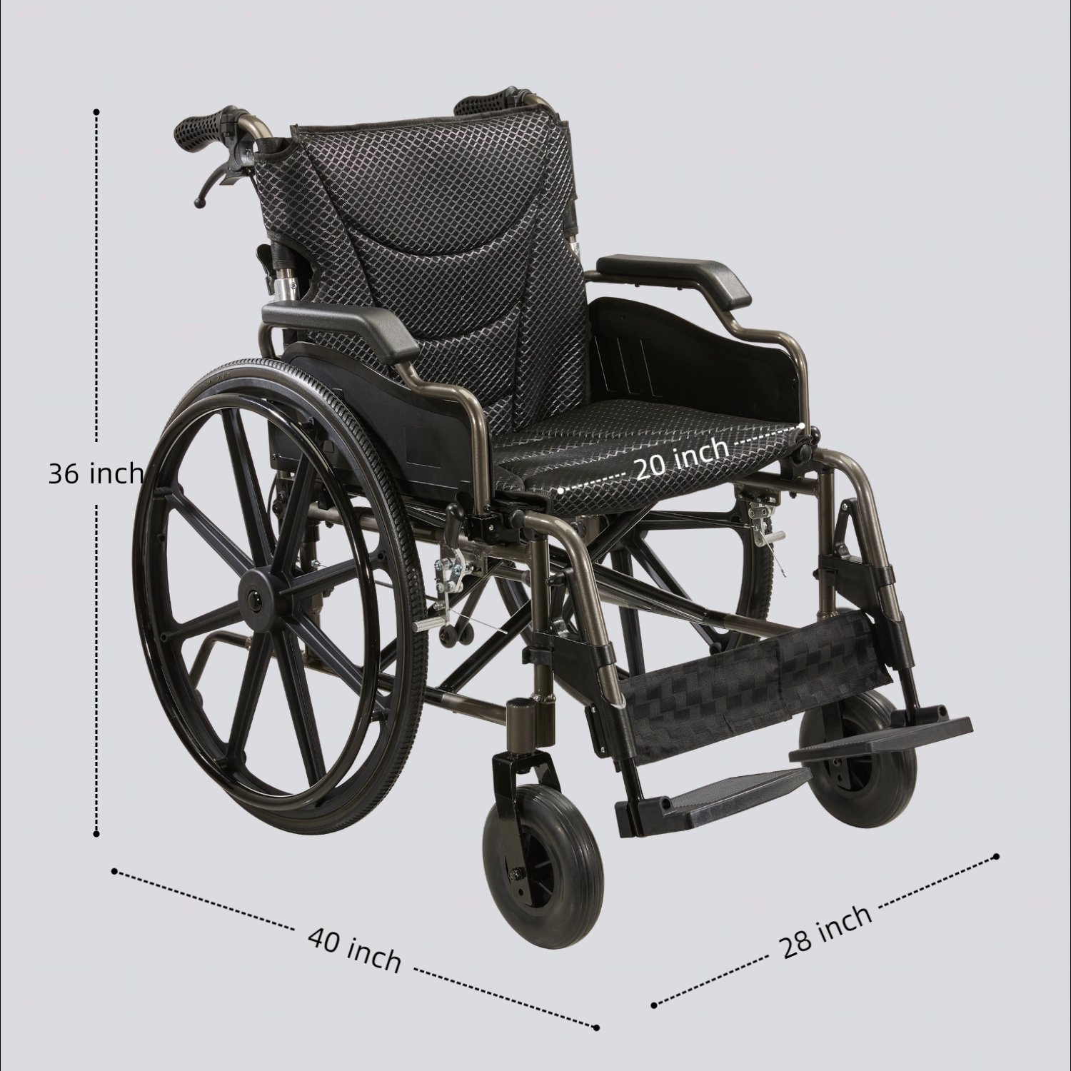 Manual Wheelchair With Double X Force Support Double Brakes 24" Non InflatableTires Lightweight Foldable Transport Wheelchair For All Terrains 350Lbs Capacity Color - Black / Gray - Image 3