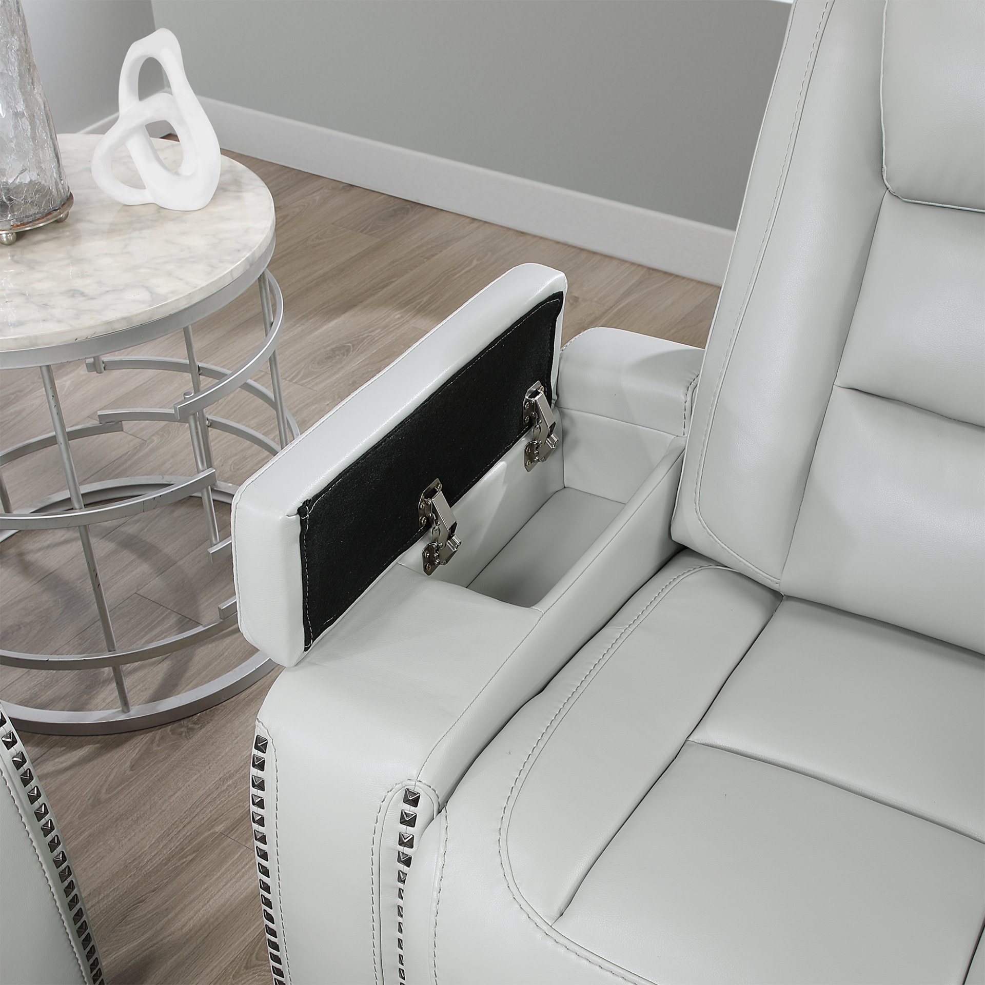 3 Piece Power Sofa Set With Recliner, USB LED Headrest, Bookshelf Arms, Drop Down Table And Storage Frame - Grey - Image 5