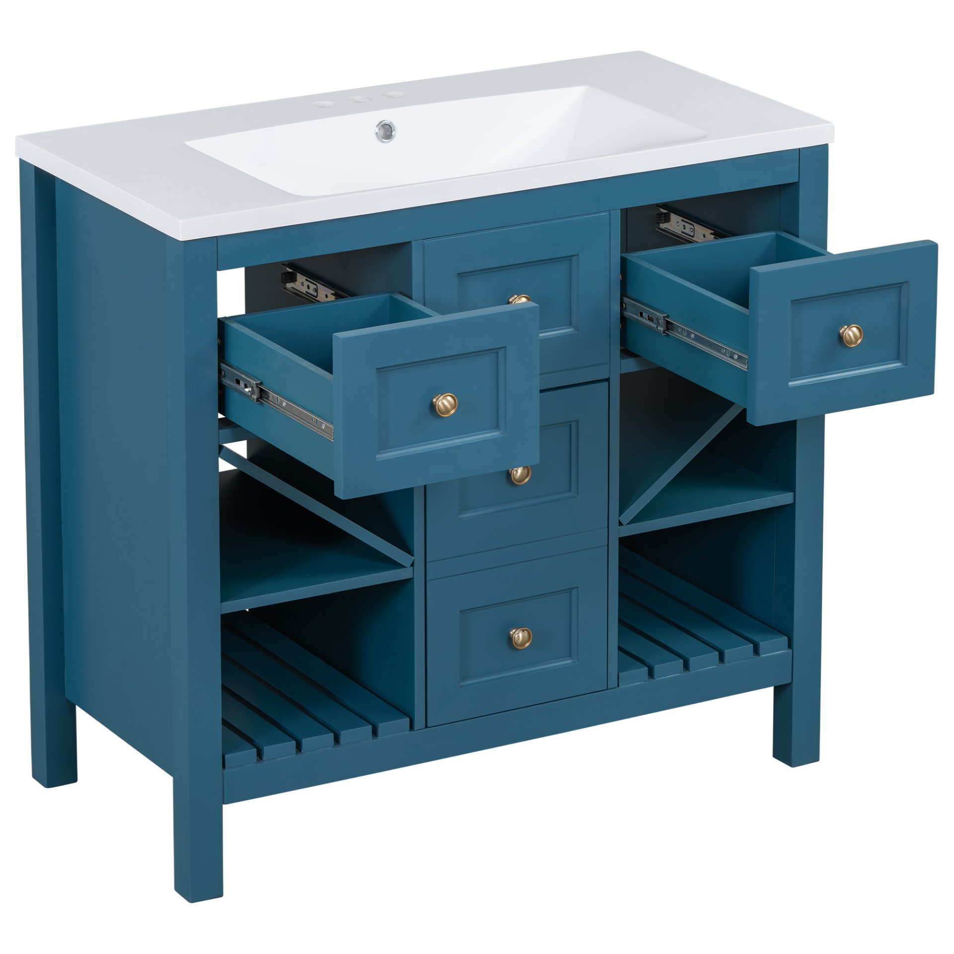 Bathroom Vanity With Resin Sink Combo, Frame Bathroom Storage Cabinet, Freestanding Vanity Set, 5 Drawers & Soft Closing Doors - Blue - Image 17