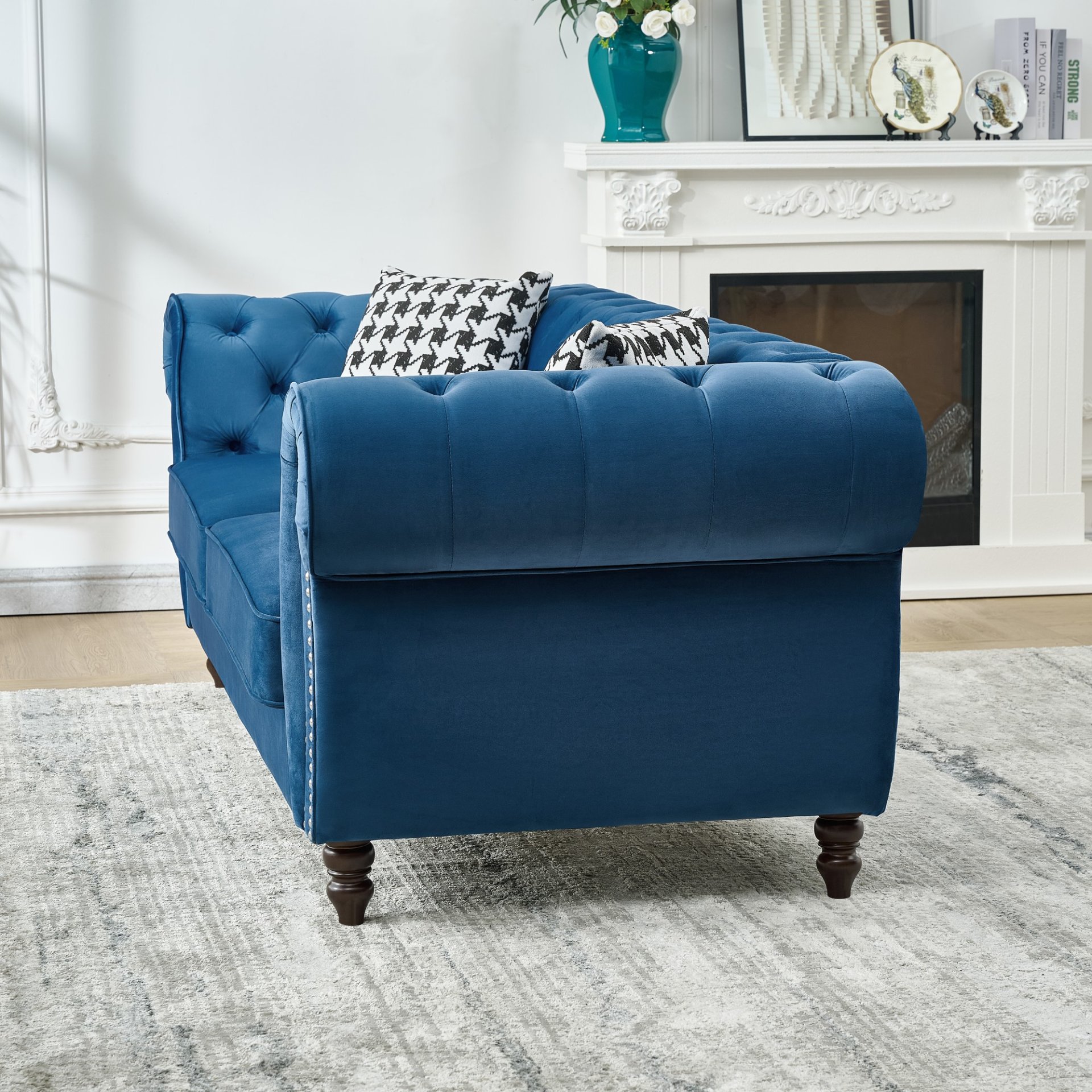 Chesterfield Sofa With Roll Armrest & Nailhead, 3 And 2 Seater - Blue - Image 3