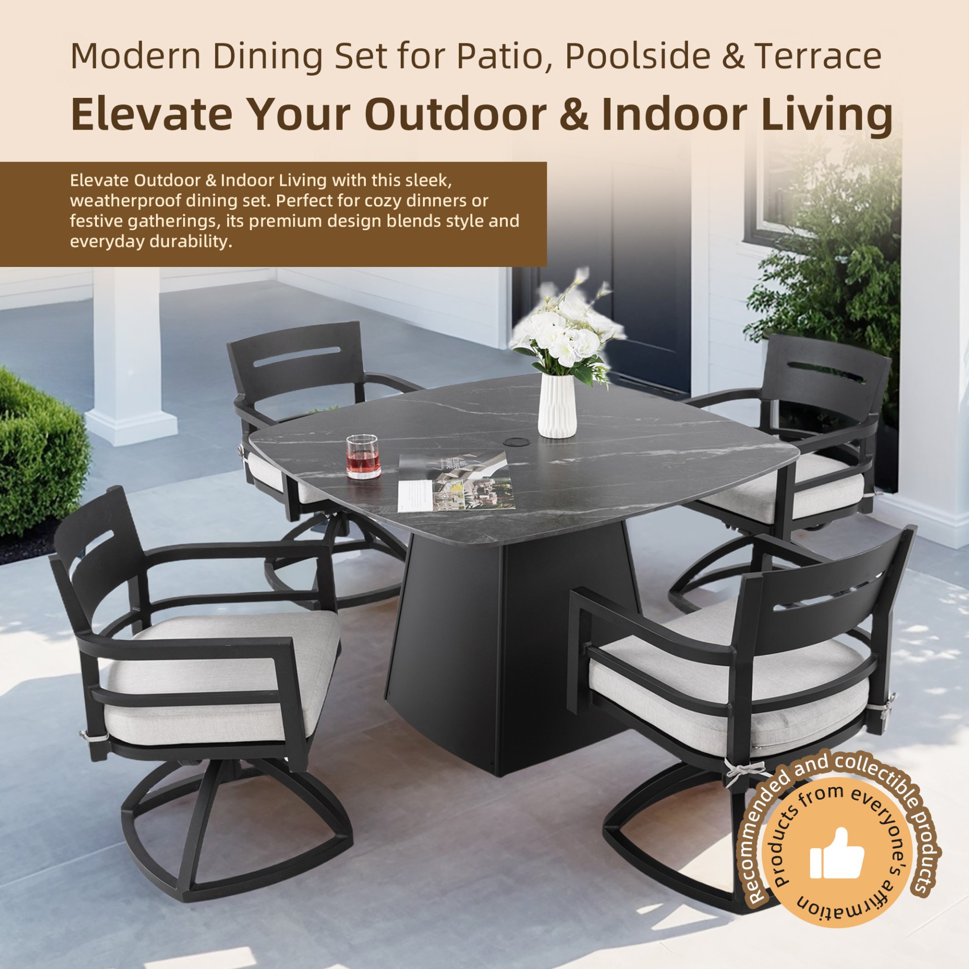 5 Piece Outdoor Pedestal Dining Set, Rounded Square Table With Flared Base And 4 Swivel Rockers - Ember Black - Image 6