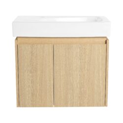 Modern 24" Bathroom Vanity With Ceramic Basin, Wall Mounted Floating Sink Combo, Wooden Storage Cabinet - Oak