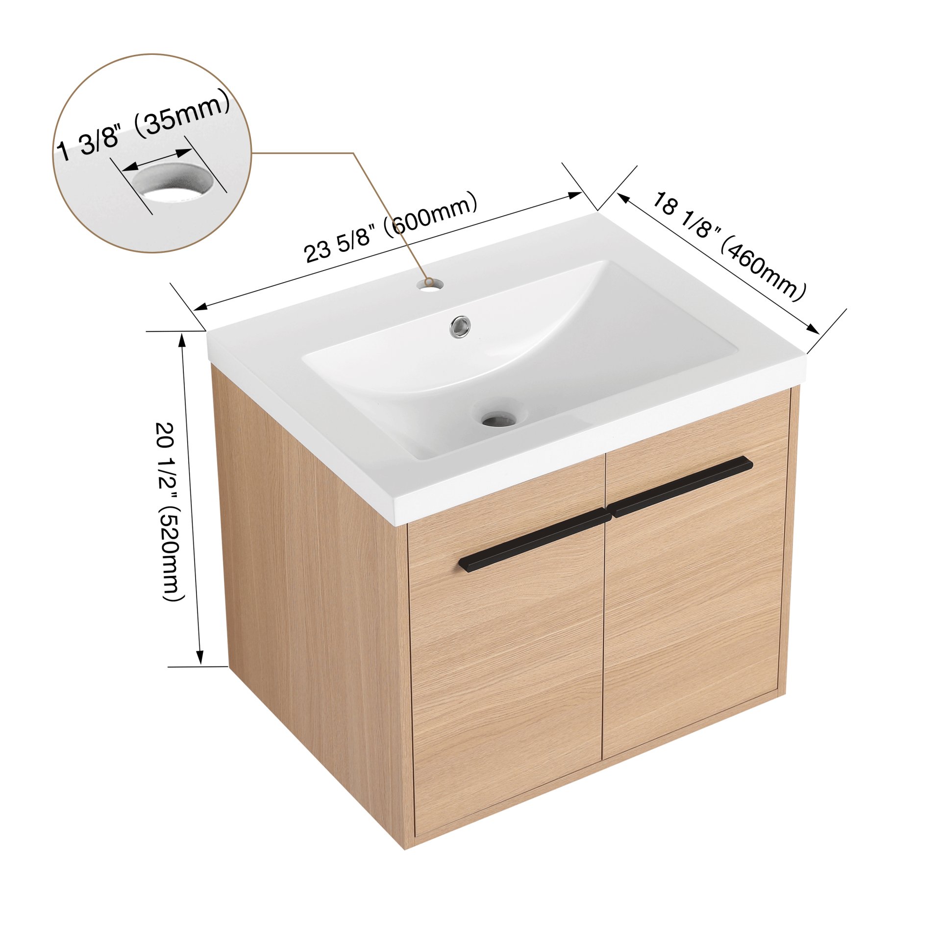 Bathroom Vanity Set With Resin Countertop Sink, 2 Doors - Oak - Image 3