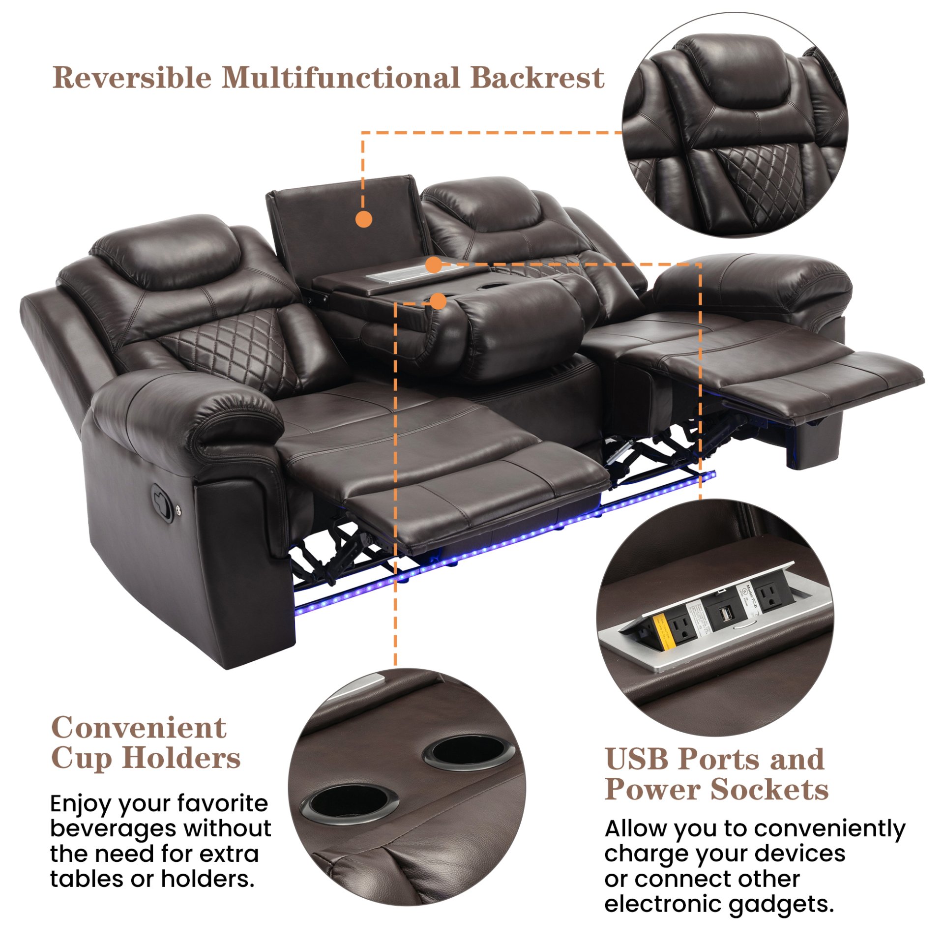 3 Pieces Recliner Sofa Sets Home Theater Seating Manual Recliner Chair With Center Console And Led Light Strip For Living Room - Brown - Image 8