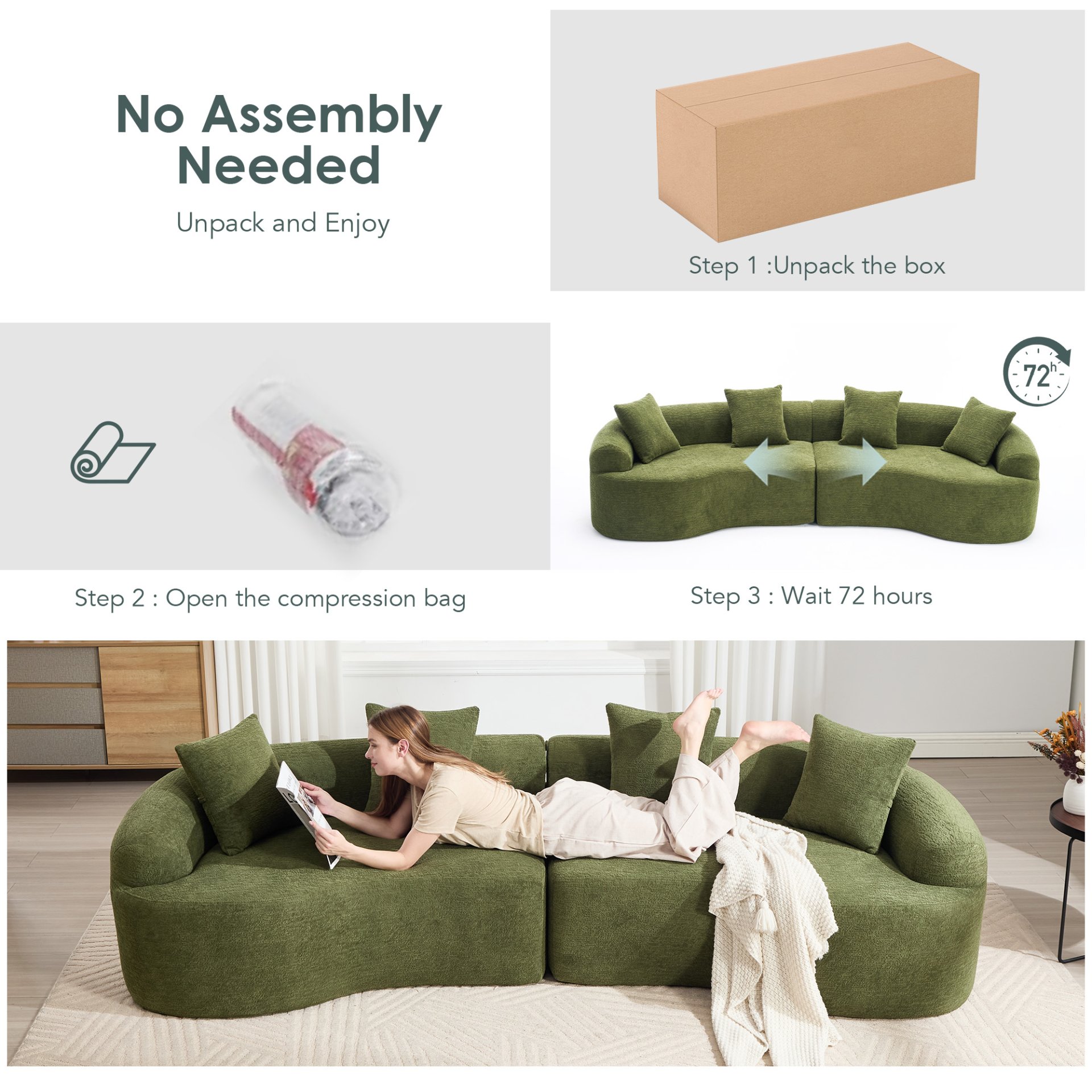 4 Seater Sofa With Chenille Fabric, 30D, 60 Hardness Full Sponge, 4 Pillow For Living Room, Home Furniture Sleeper Sectional Sofa For Apartment - Green - Image 17