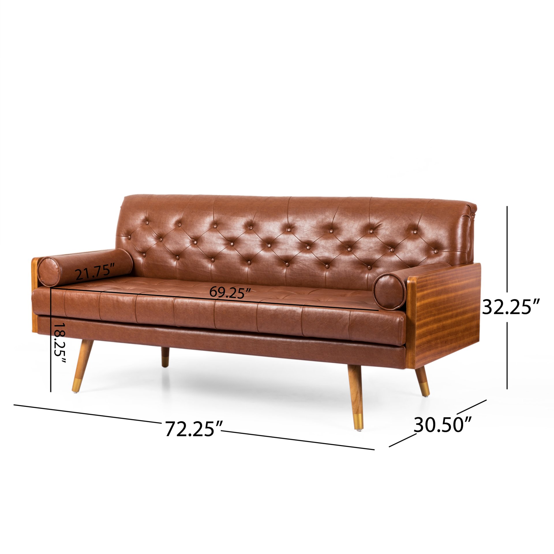 Adelaide - Mid Century Modern Tufted Sofa With Rolled Accent Pillows - Light Brown - Image 3