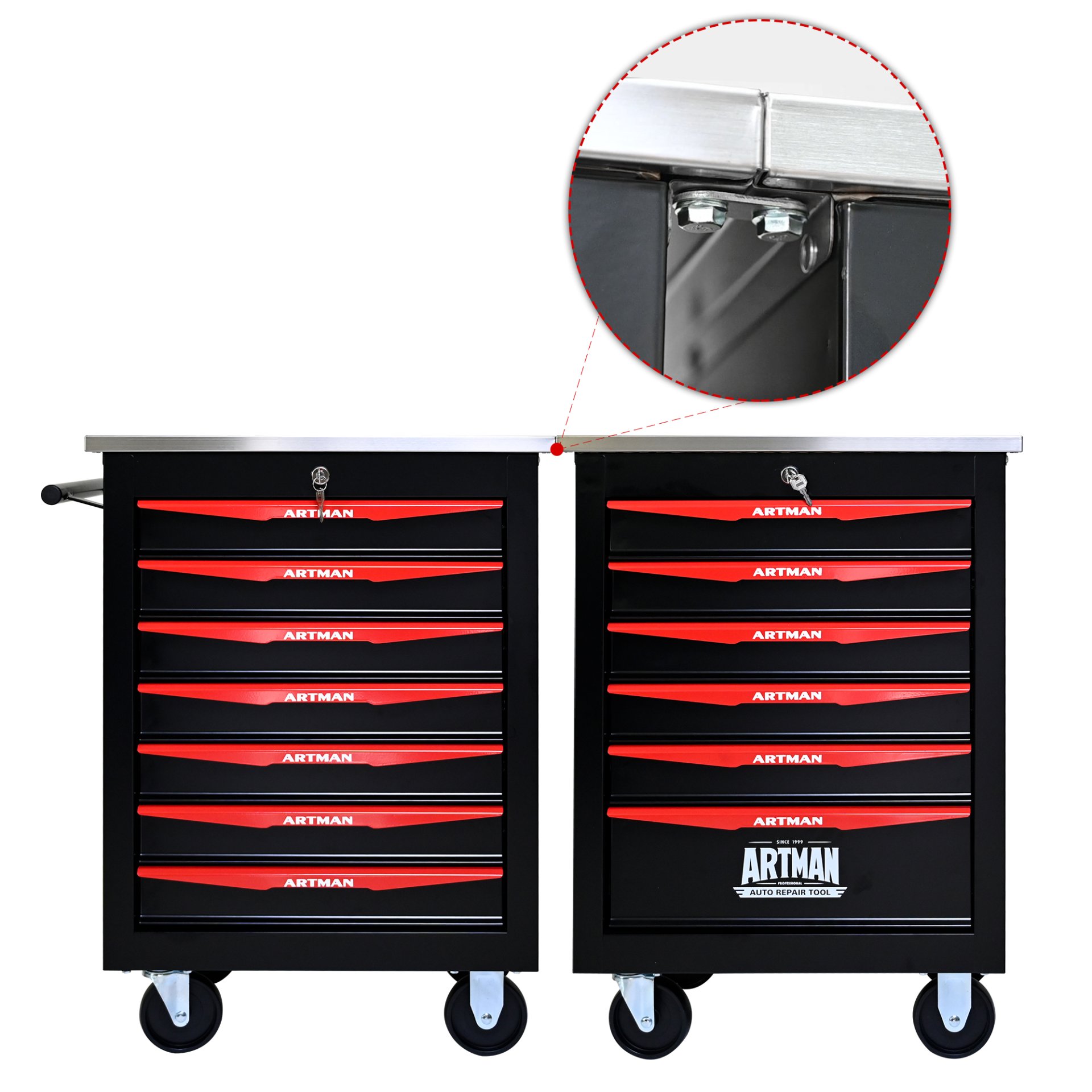 7 Drawer Multifunctional Tool Cart With Wheels, Metal Rolling Tool Cart Storage For Garage Workshop Warehouse Repair Shop With Stainless Steel Roof - Black / Red - Image 11