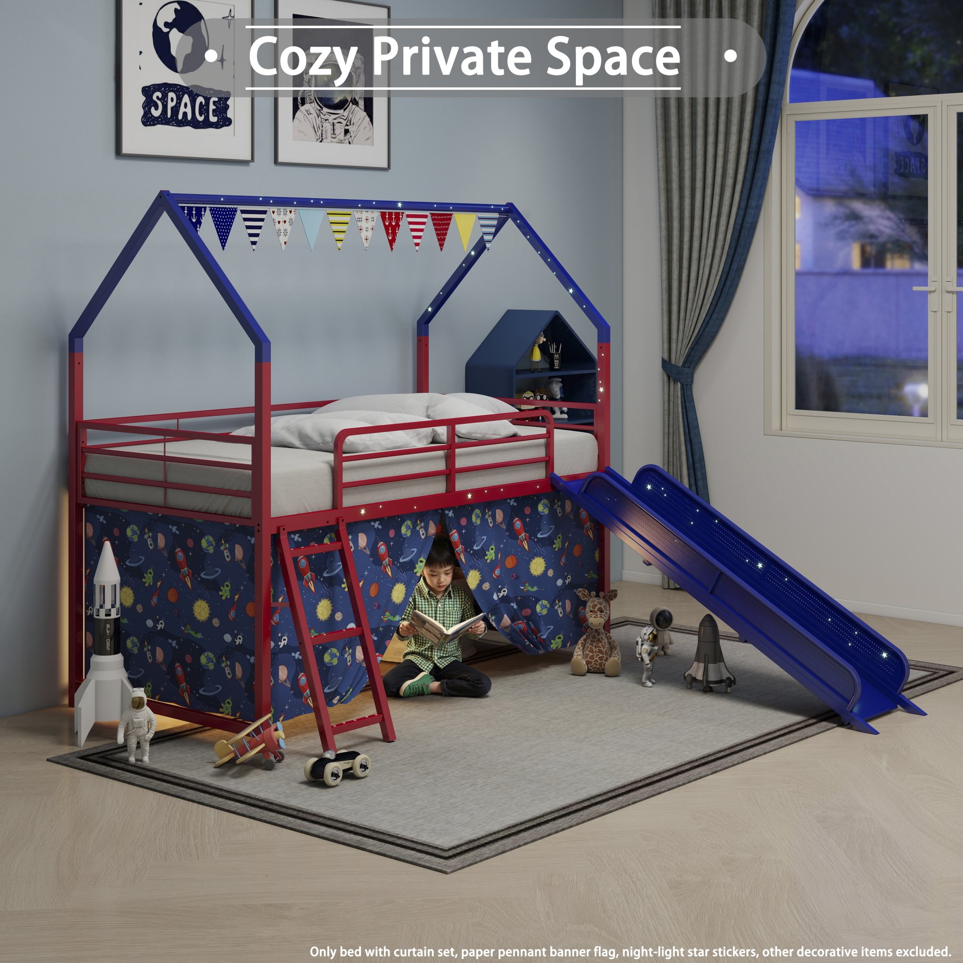 Jack - House Twin Loft Bed With Slide And Curtain Set, Superhero - Red / Blue - Image 13