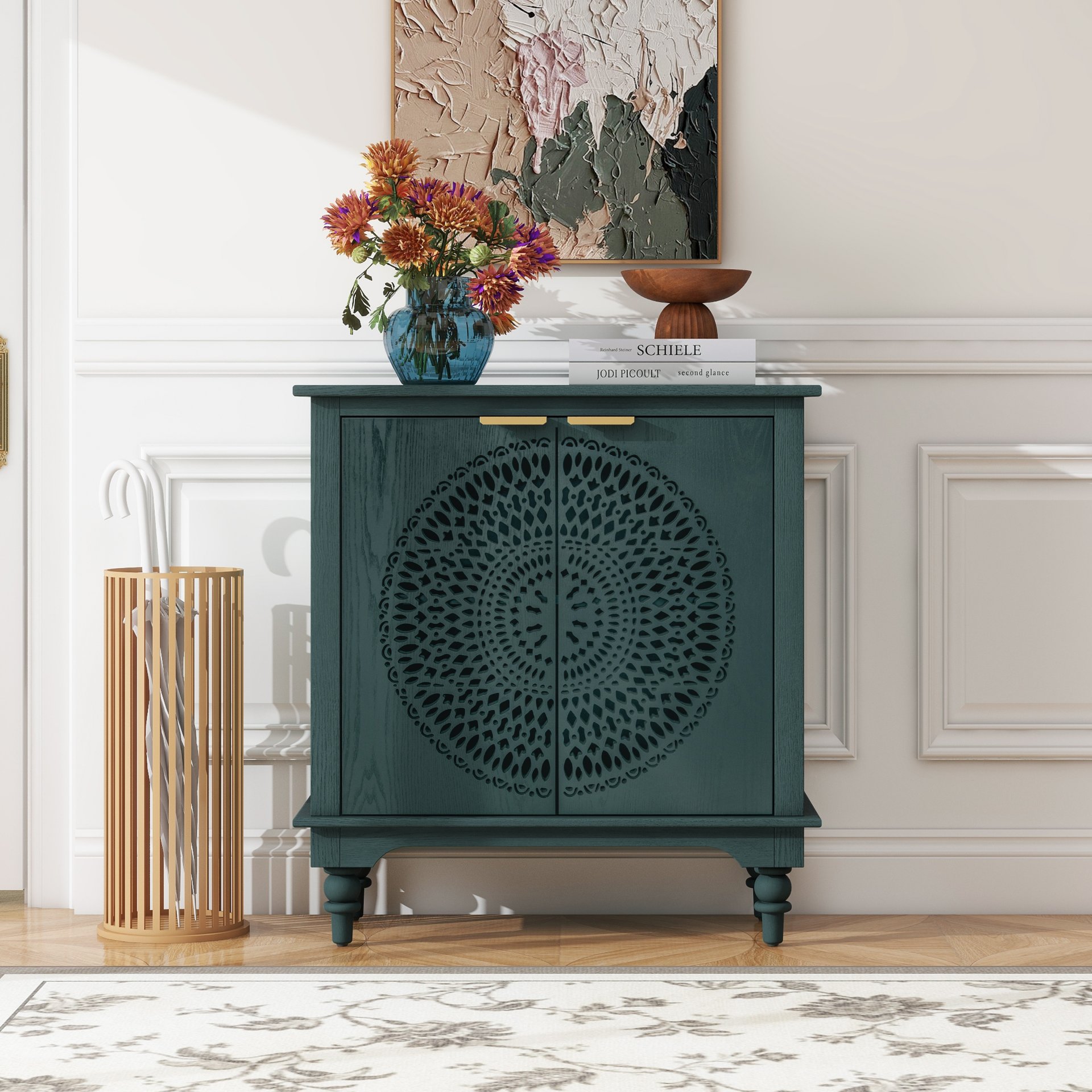 Hollow Carved 2 Door Accent Cabinet With Adjustable Shelf, Sideboard Buffet For Entryway, Living Room Or Bedroom - Blackish Green - Image 2