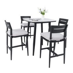 5 Pieces Modern Outdoor Bar Set, Sintered Stone Table With White Inspired Top & 4 Bar Stools, Sunbrella Cushions, Weather Resistant - Ember Black / White