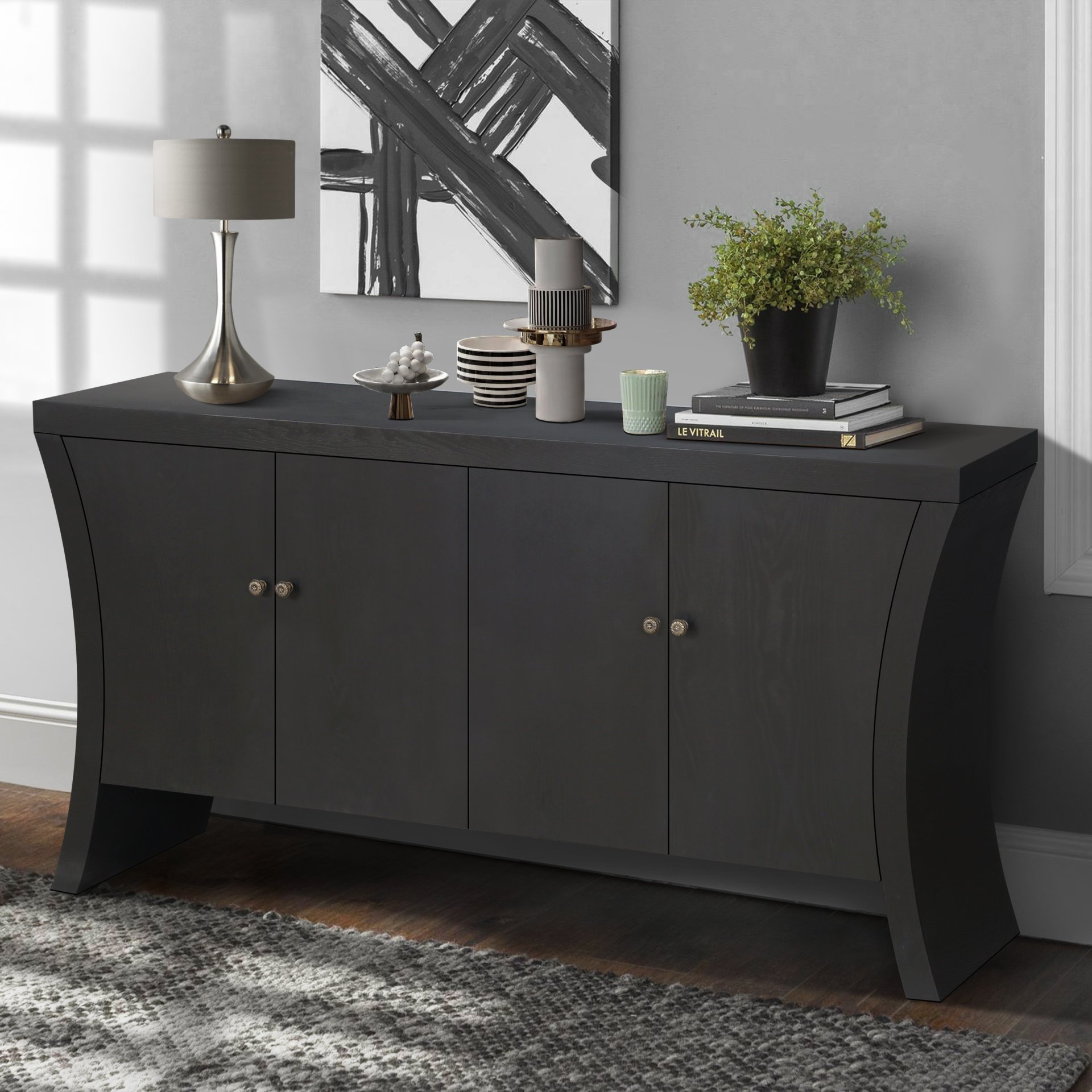 Refined 4 Door Credenza With Arc Legs & Bronze Clasps, Advanced Storage Design - Black - Image 5