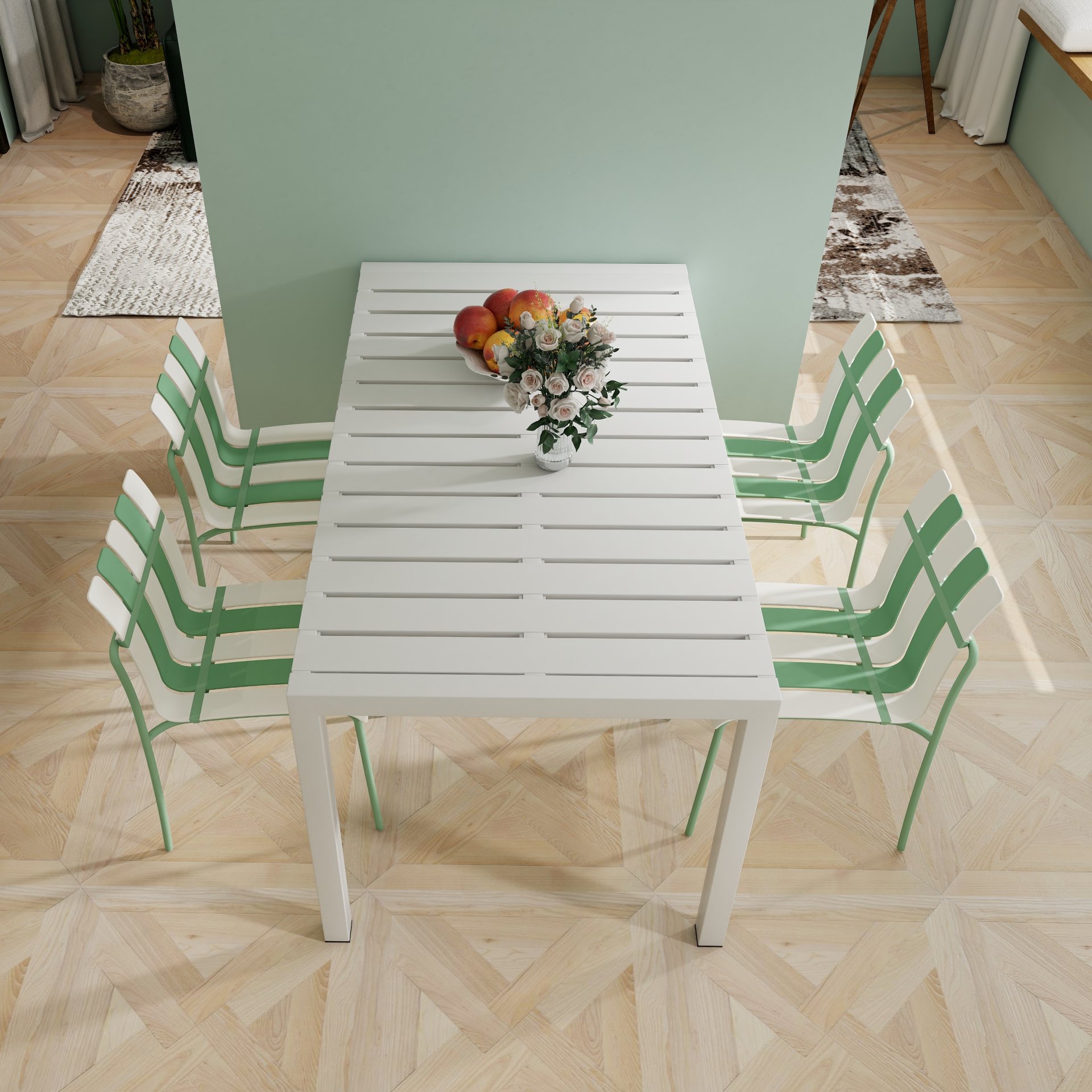 4 Piece Set Of Color Block Designed Single Chairs With Table - Cream White / Haze Green / White - Image 2