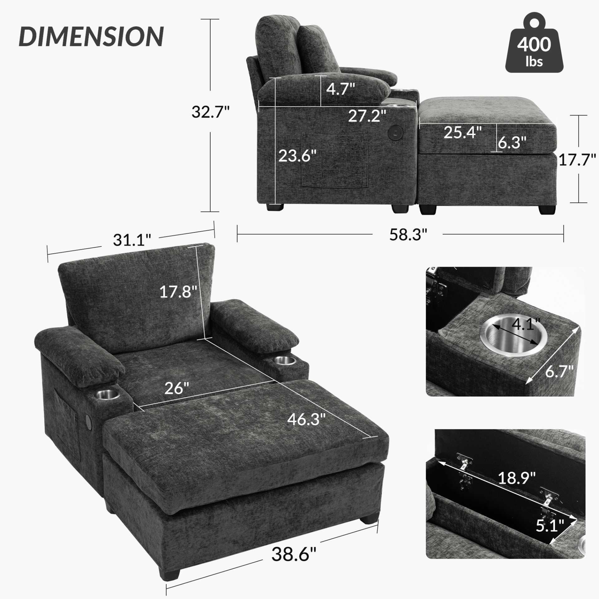 Modern Oversized Chair With Ottoman, Chenille Fabric Sofa Bed, Accent Chair Comfy Sofa With Cupholders And USB Charging Ports Chair For Living Room - Dark Gray - Image 3
