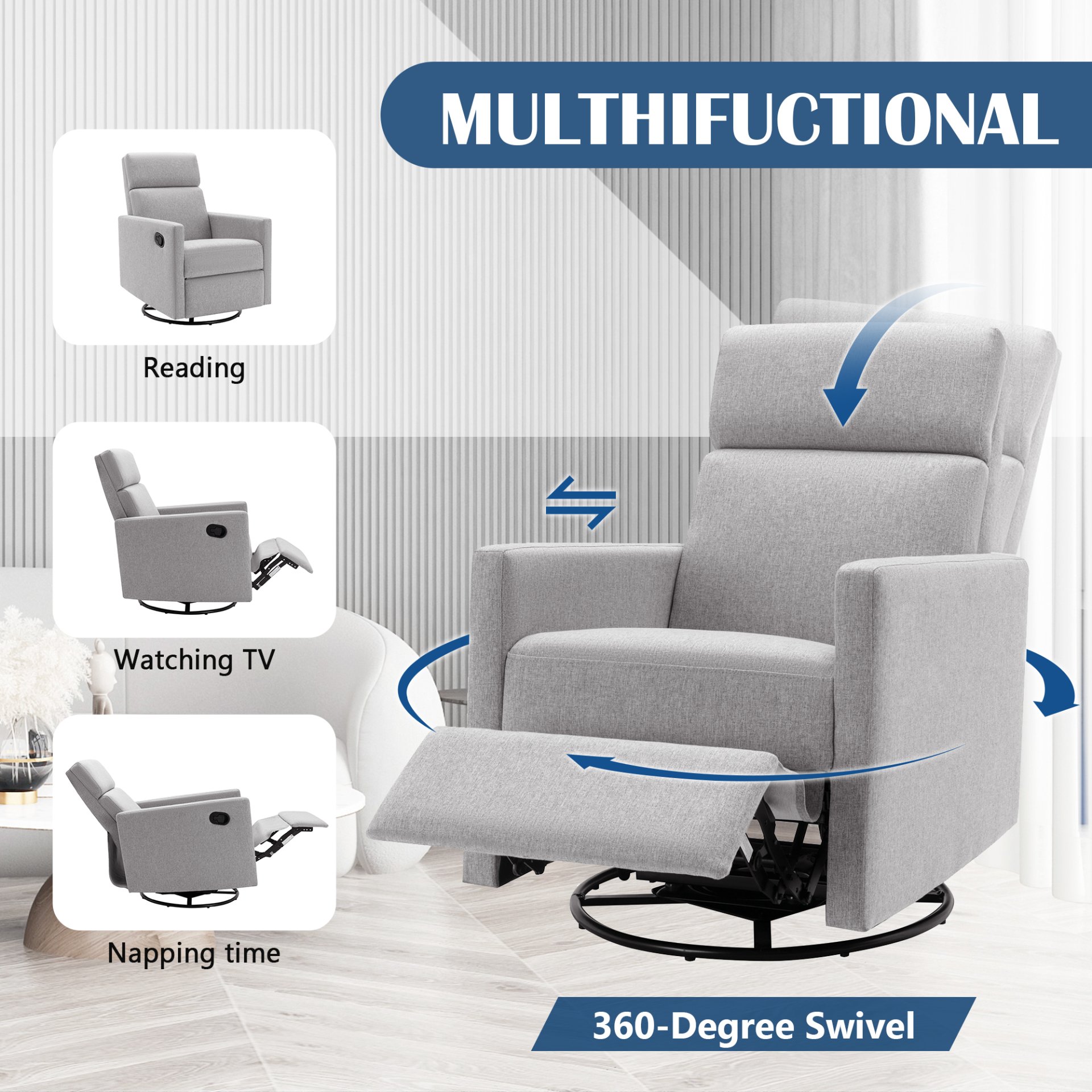 Modern Upholstered Rocker Nursery Chair Plush Seating Glider Swivel Recliner Chair - Gray - Image 4