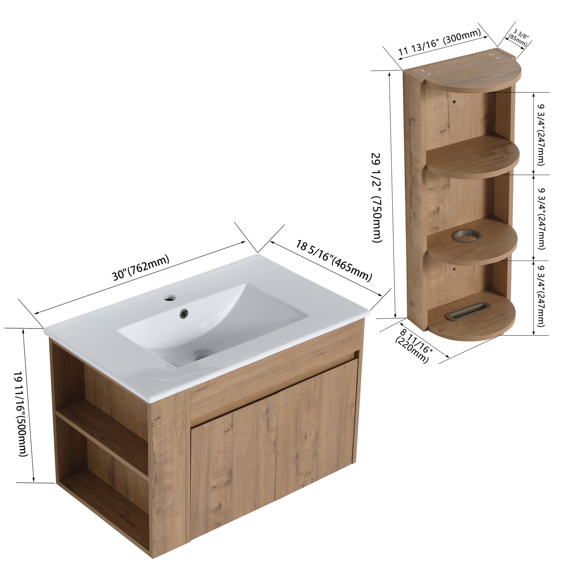 Modern Wall Mounted Bathroom Vanity With Sink And Storage Rack Soft Close Doors Plywood - Imitative Oak - Image 3