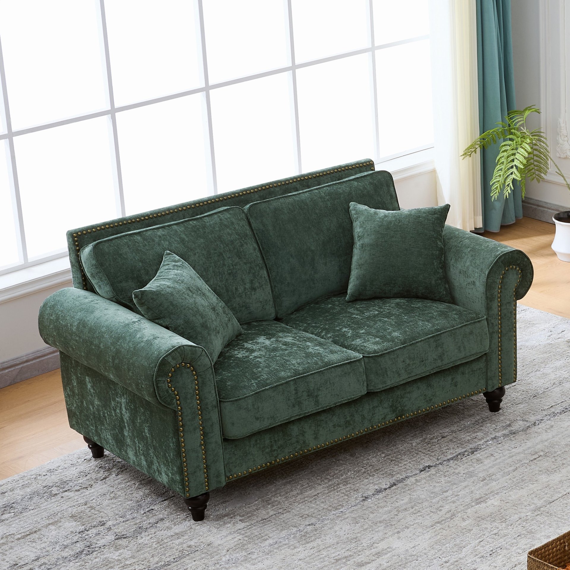 2 Seater Sofa With Rolled Arms, Tufted, Legs, Nailhead Trim - Green - Image 6