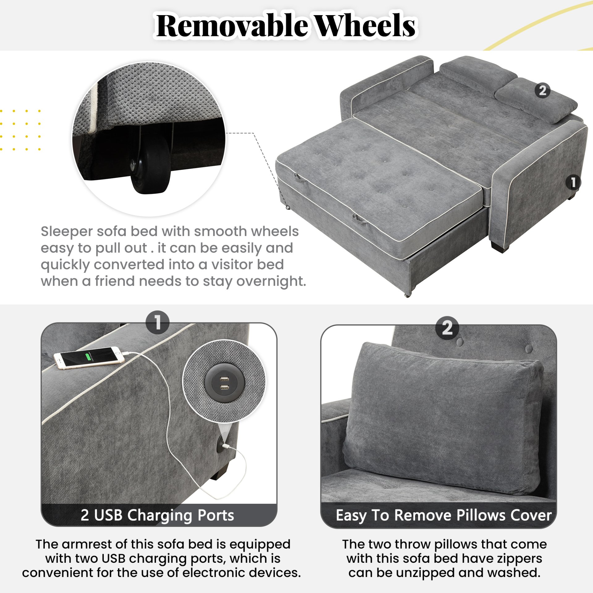 Upholstered Sleeper Bed Sofa With USB Charging, Adjustable Backrest, And Throw Pillows - Charcoal Gray - Image 6