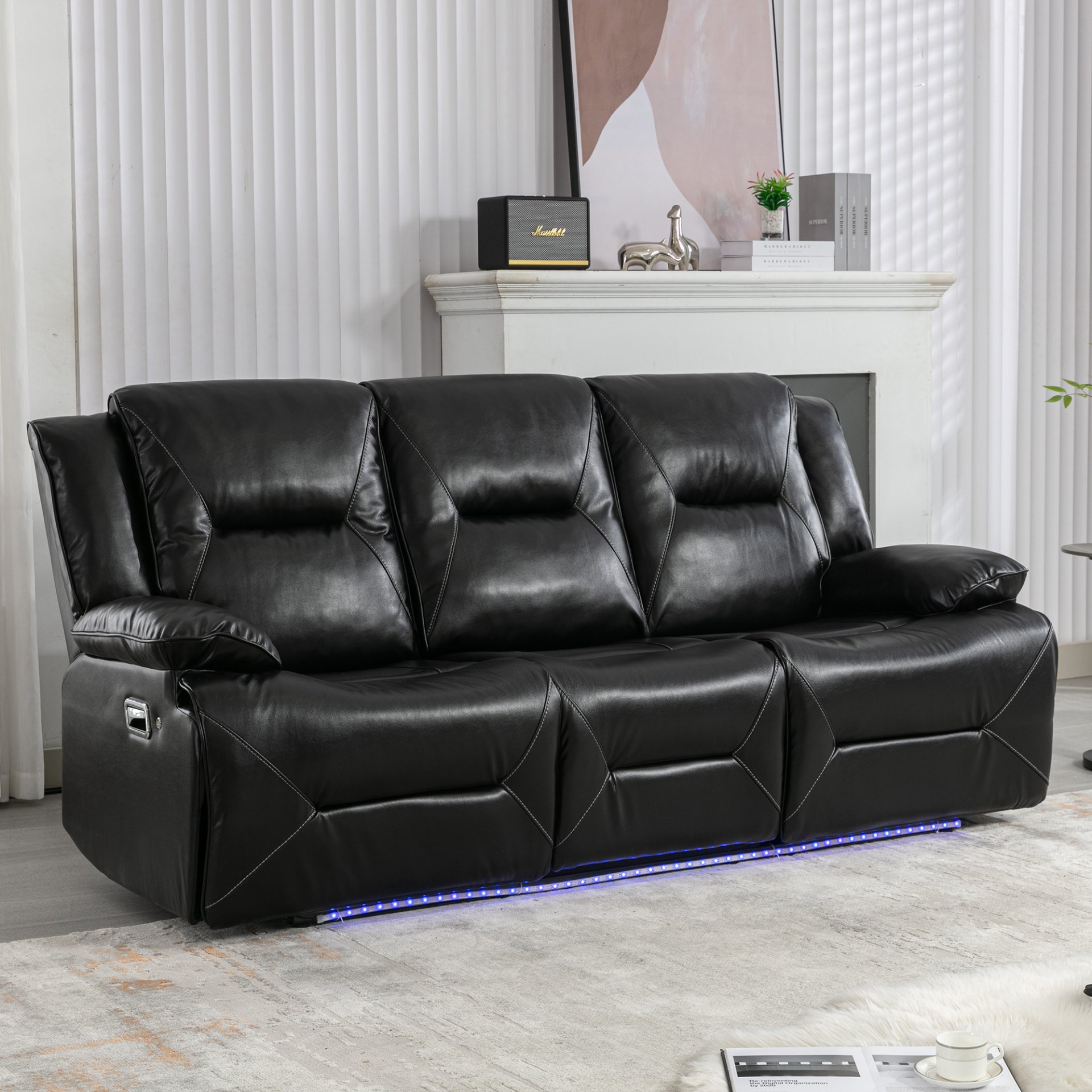 3 Seater Home Theater Recliner Manual Recliner Chair With A Led Light Strip Two Built-In Cup Holders For Living Room - Black - Image 2