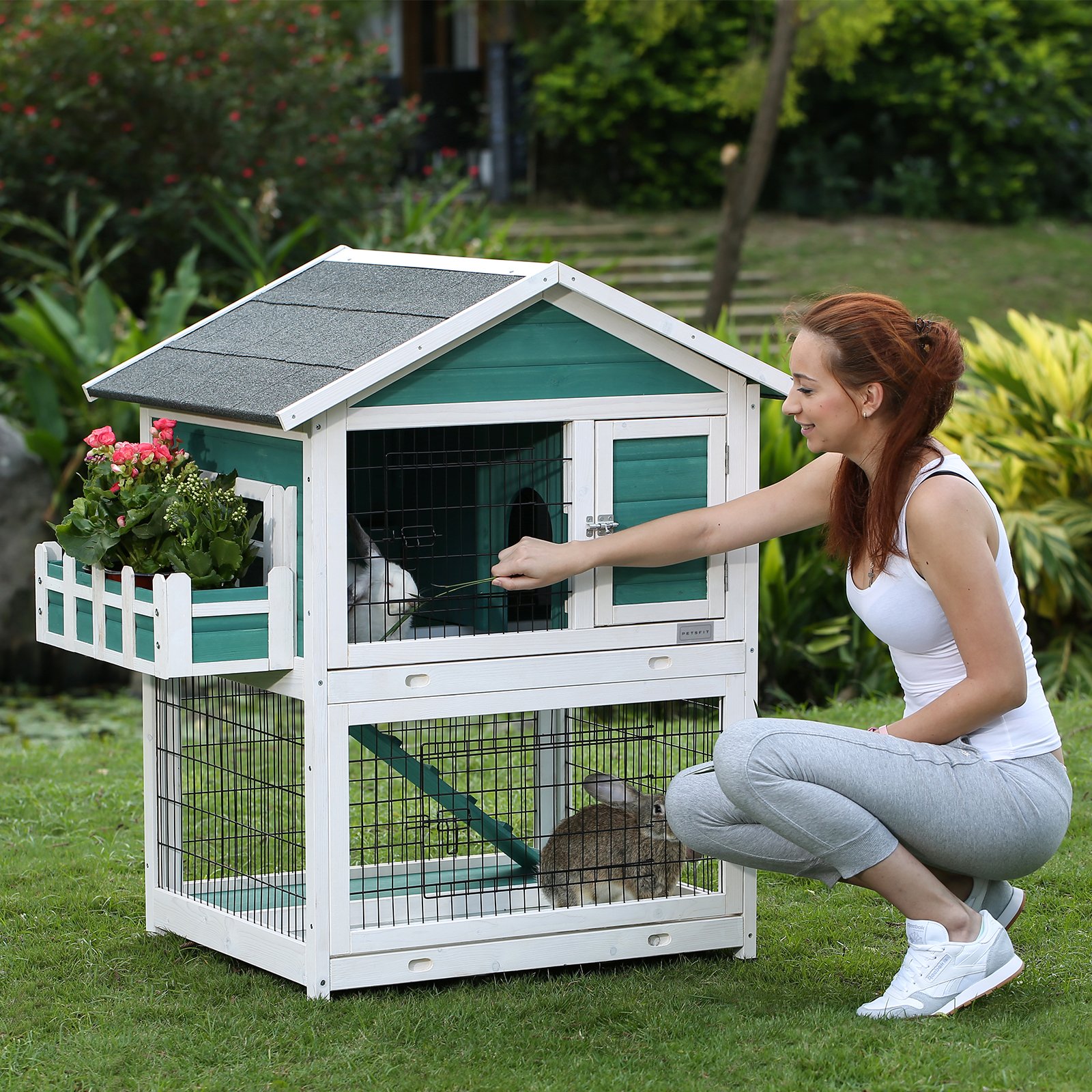2 Story Wooden Rabbit Hutch Outdoor Indoor Bunny Cage Pull Out Tray, Waterproof Roof - Green - Image 7