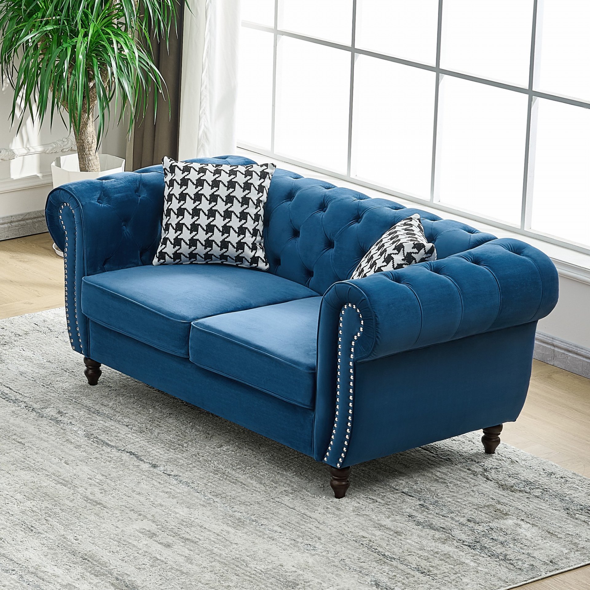 Chesterfield Sofa With Roll Armrest And Nailhead, 2 Seater Couch - Blue - Image 5