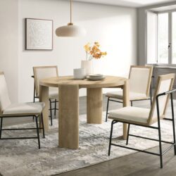 Bowen - Round Dining Table With Cream Color Upholstered Chairs (Set of 5) - Oak Finish
