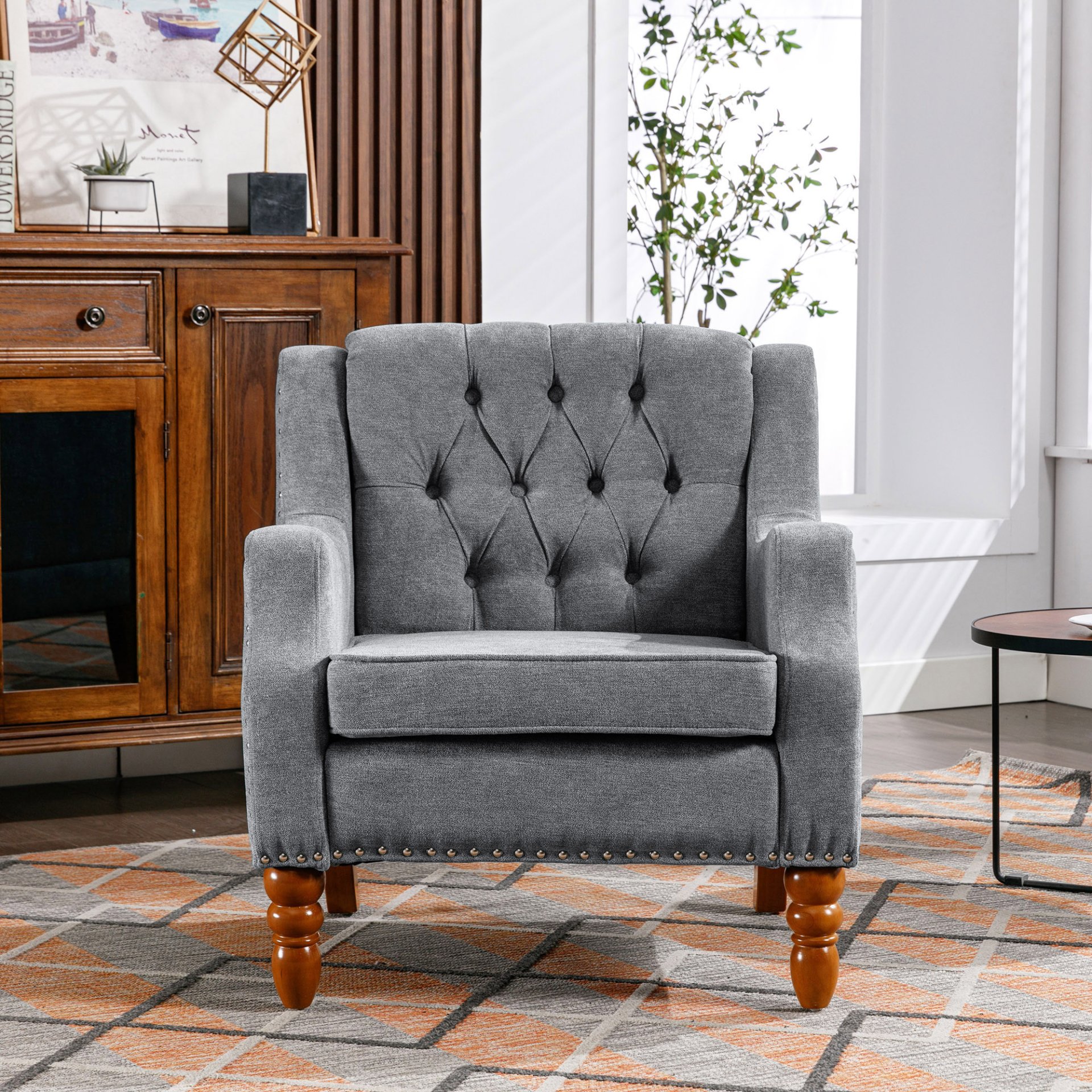 Accent Chair, Living Room Chair, Footrest Chair Set With Vintage Brass Studs, Button Tufted Upholstered Armchair For Living Room, Comfy Reading Chair For Bedroom, Reception Room - Gray - Image 2