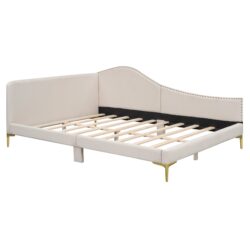 Full Size Upholstered Daybed With Headboard And Armrest, Support Legs - Beige