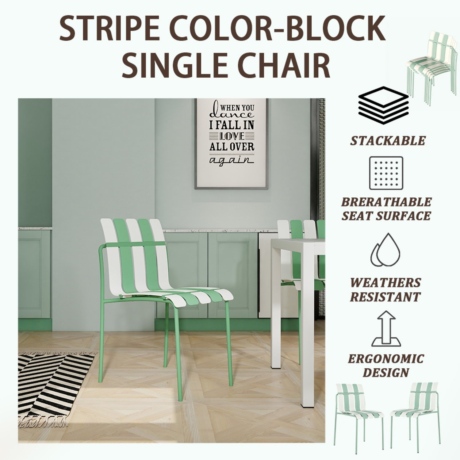 4 Piece Set Of Single Chairs With Modern Color Blocking Design, UV Resistant And Rust Proof - Haze Green / White - Image 15